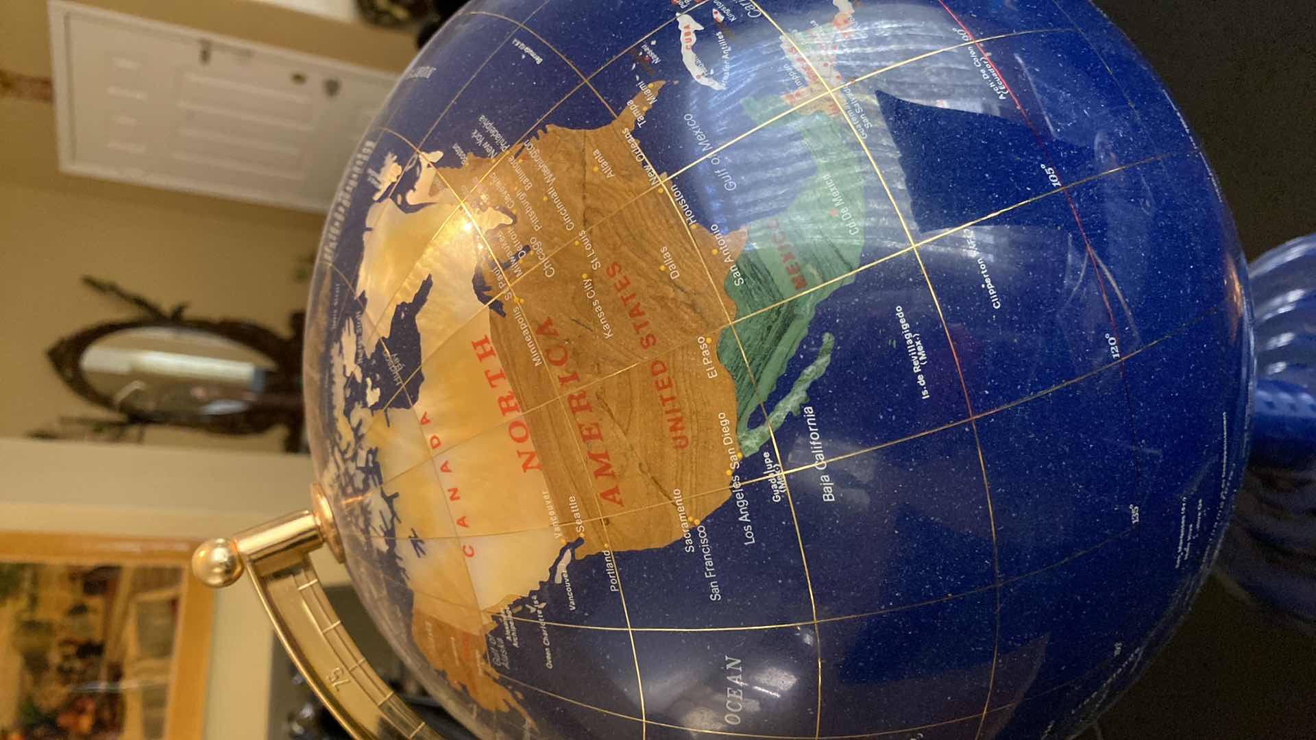 Photo 1 of VINTAGE BLUE LAPIS WORLD GLOBE WITH SEMI PRECIOUS GEMSTONES 13” X 23”