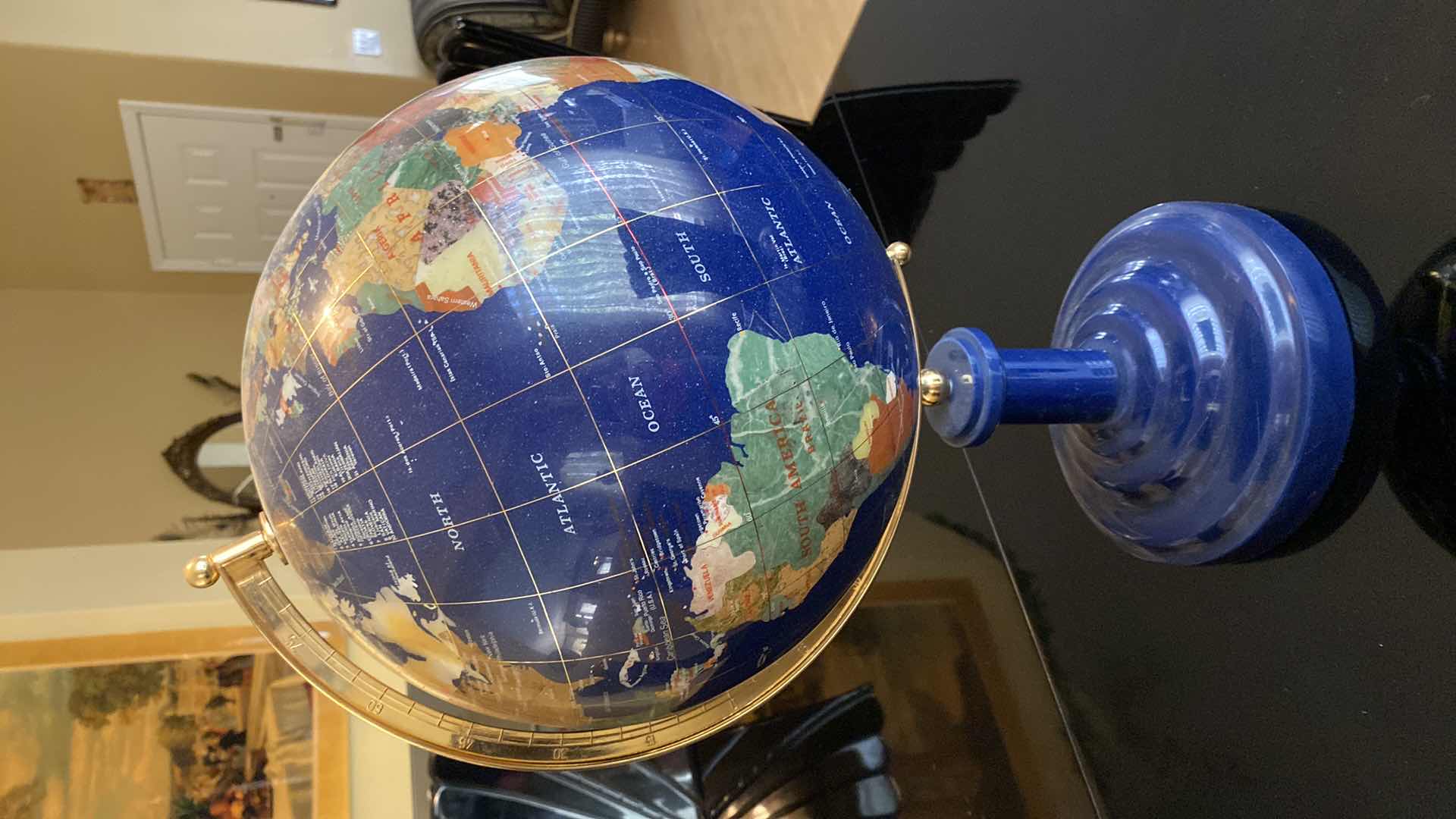 Photo 1 of VINTAGE BLUE LAPIS WORLD GLOBE WITH SEMI PRECIOUS GEMSTONES 13” X 23”