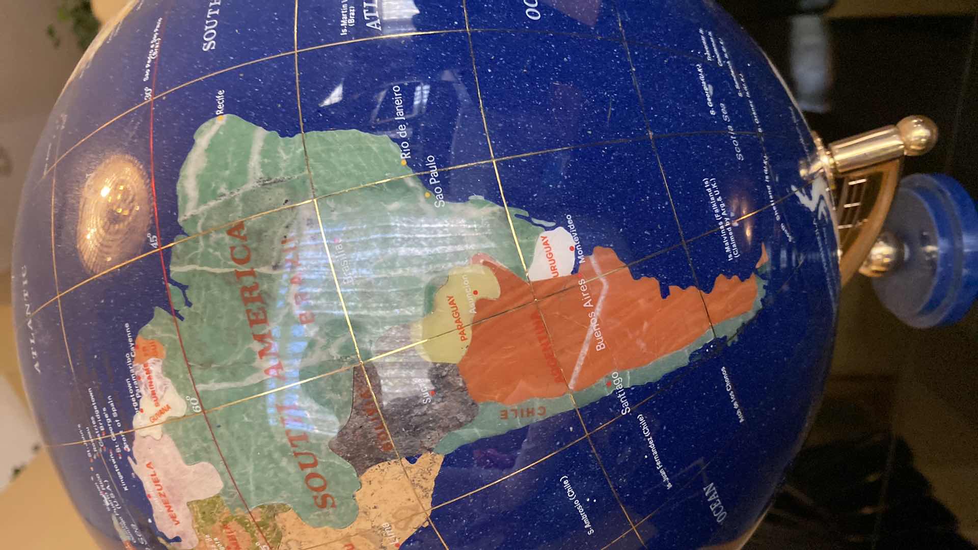 Photo 1 of VINTAGE BLUE LAPIS WORLD GLOBE WITH SEMI PRECIOUS GEMSTONES 13” X 23”