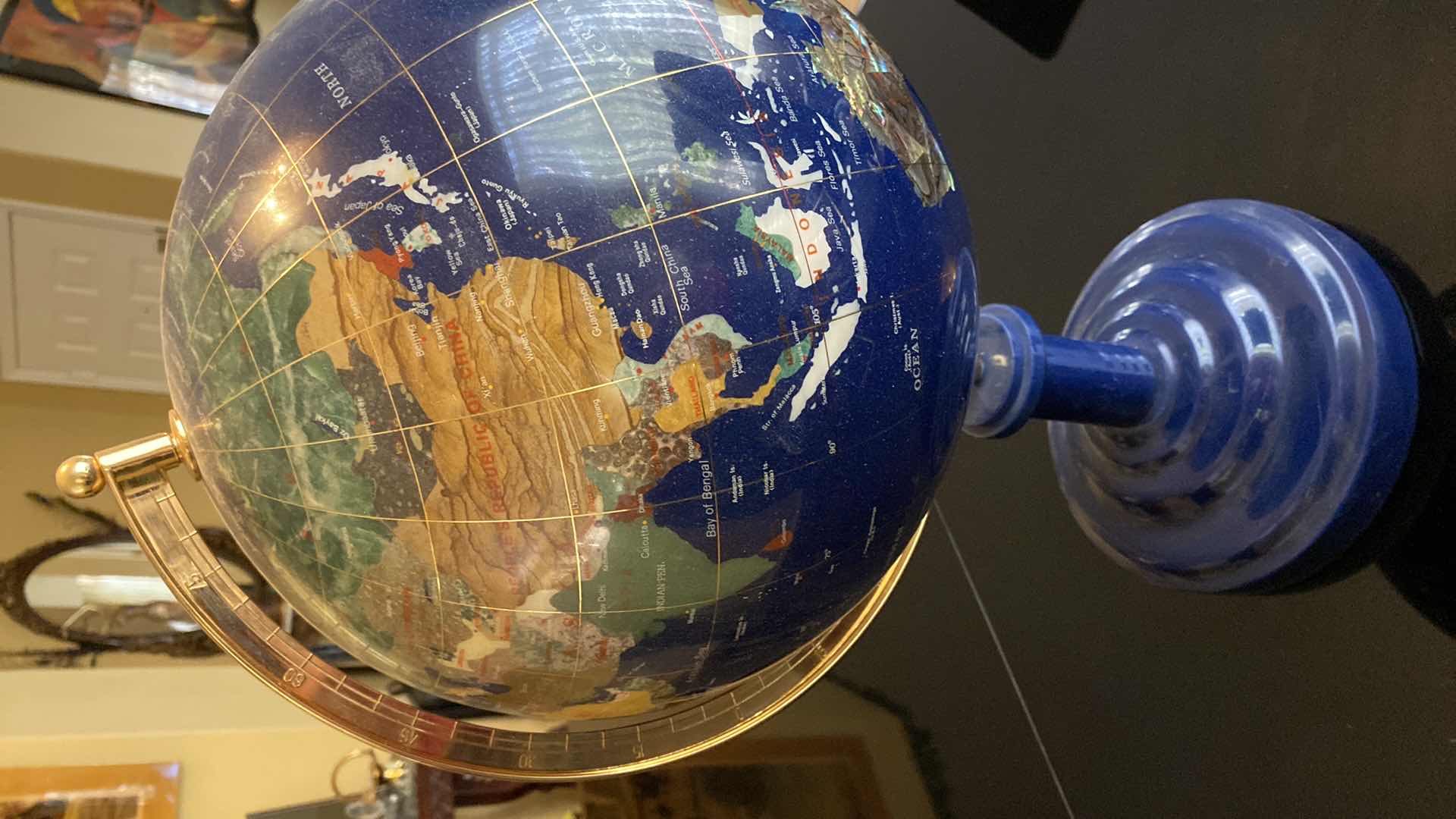 Photo 1 of VINTAGE BLUE LAPIS WORLD GLOBE WITH SEMI PRECIOUS GEMSTONES 13” X 23”