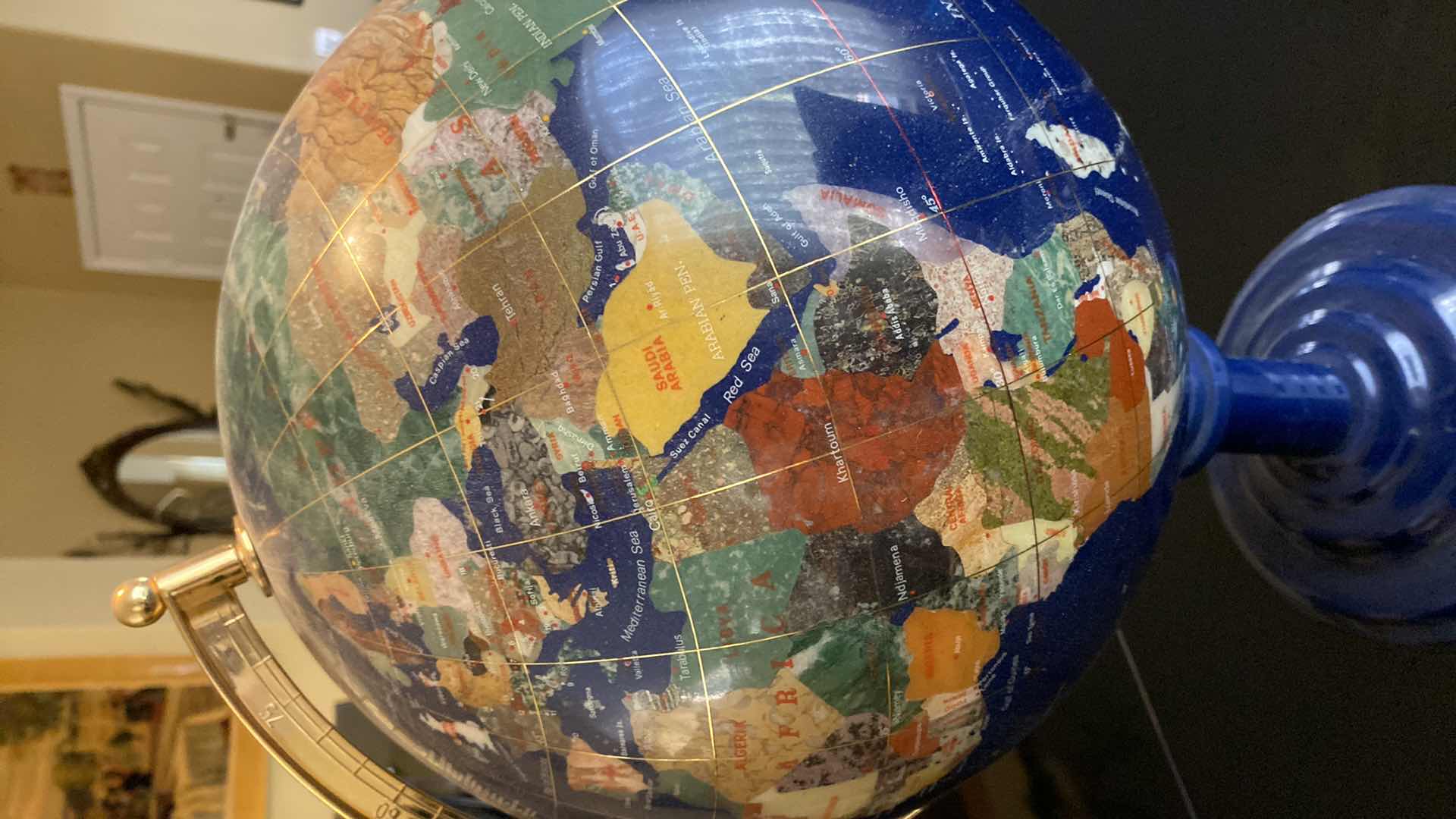 Photo 1 of VINTAGE BLUE LAPIS WORLD GLOBE WITH SEMI PRECIOUS GEMSTONES 13” X 23”
