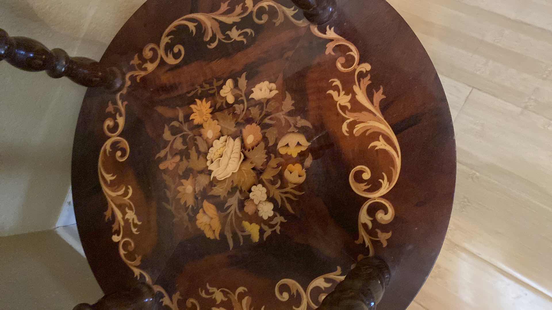 Photo 1 of ANTIQUE INLAID ITALIAN MARQUETRY TABLE 18.5” X H27”