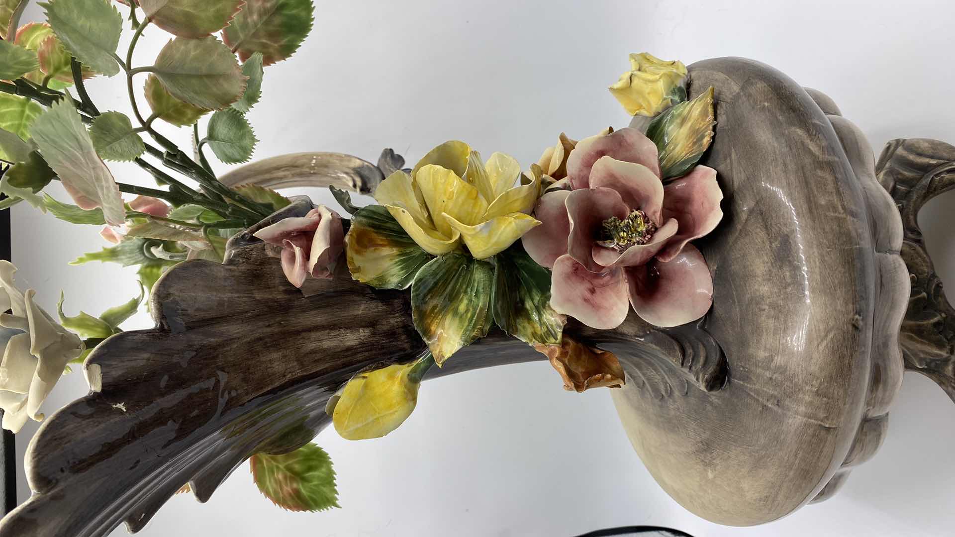 Photo 1 of VINTAGE CAPODIMONTE  ITALIAN PITCHER VASE H17” WITH FLOWERS