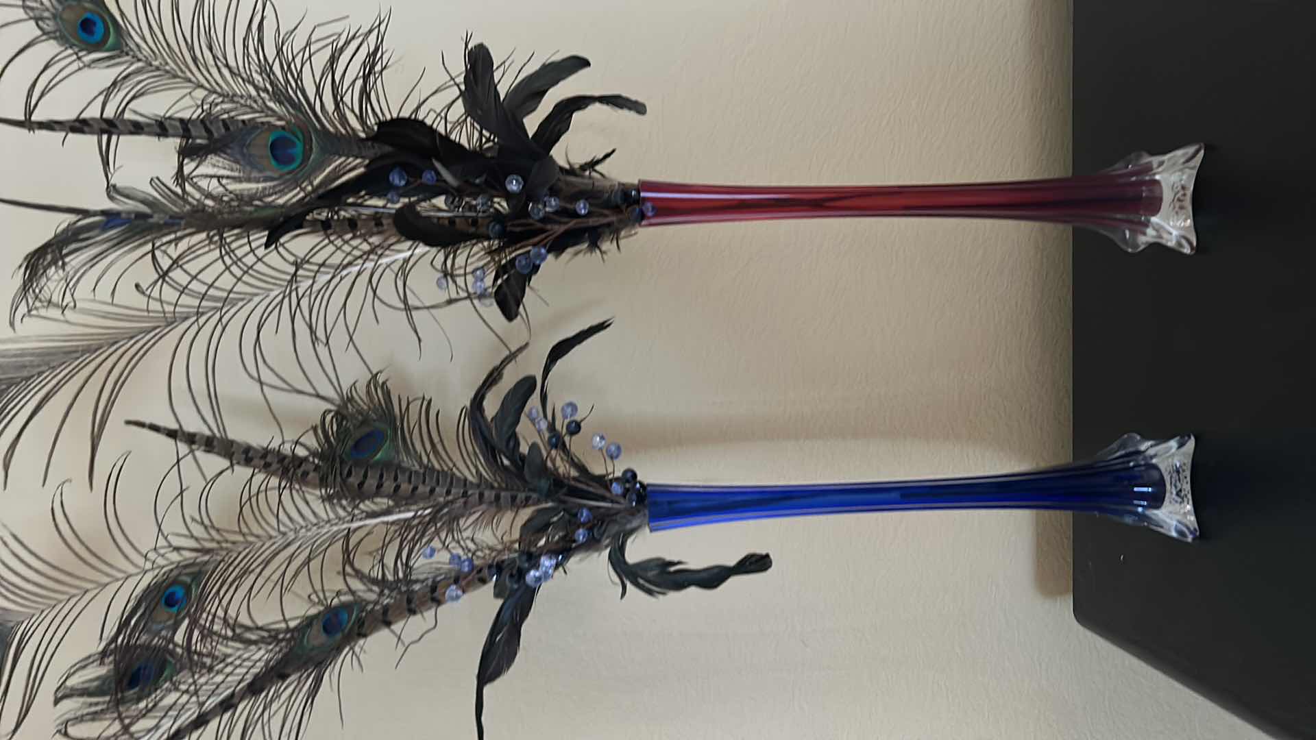 Photo 1 of 2 COLORED GLASS VASES H15.5” W PEACOCK FEARHERS