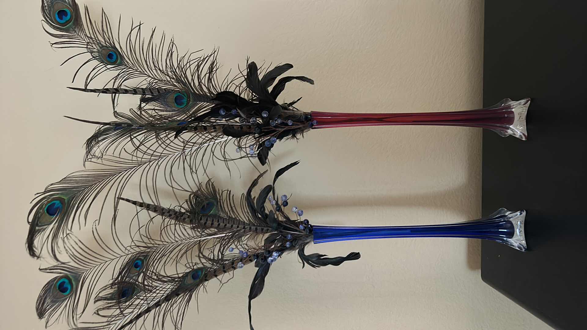 Photo 1 of 2 COLORED GLASS VASES H15.5” W PEACOCK FEARHERS