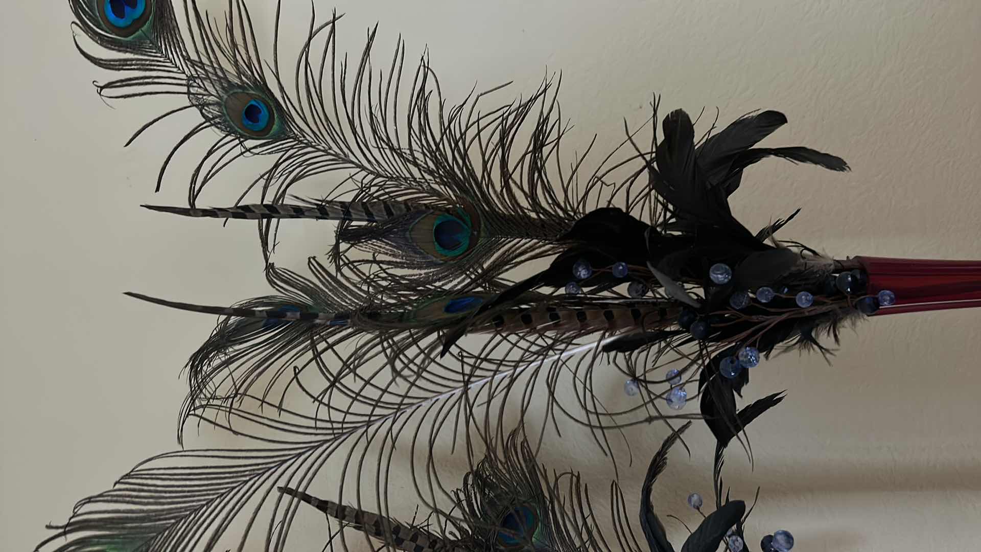 Photo 1 of 2 COLORED GLASS VASES H15.5” W PEACOCK FEARHERS