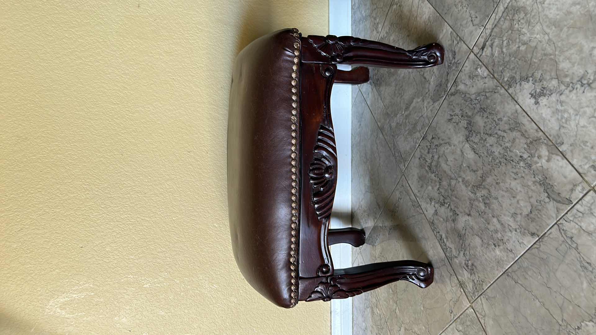 Photo 1 of CARVED WOOD STOOL W FAUX LEATHER UPHOLSTERED TOP