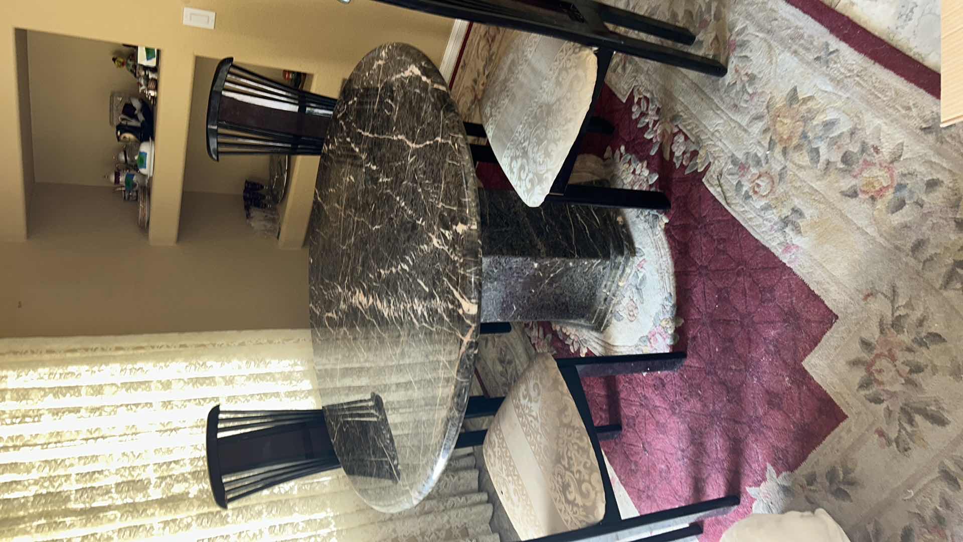 Photo 1 of HEAVY MARBLE  PEDESTAL TABLE W 4 ART DECO LACQUER CHAIRS FROM ITALY (SEE NOTES) 51” ROUND