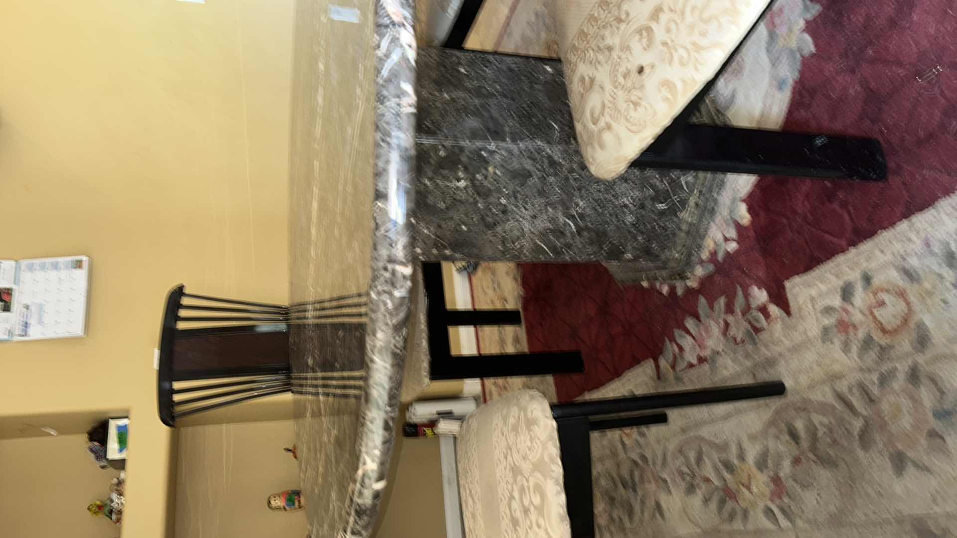 Photo 1 of HEAVY MARBLE  PEDESTAL TABLE W 4 ART DECO LACQUER CHAIRS FROM ITALY (SEE NOTES) 51” ROUND