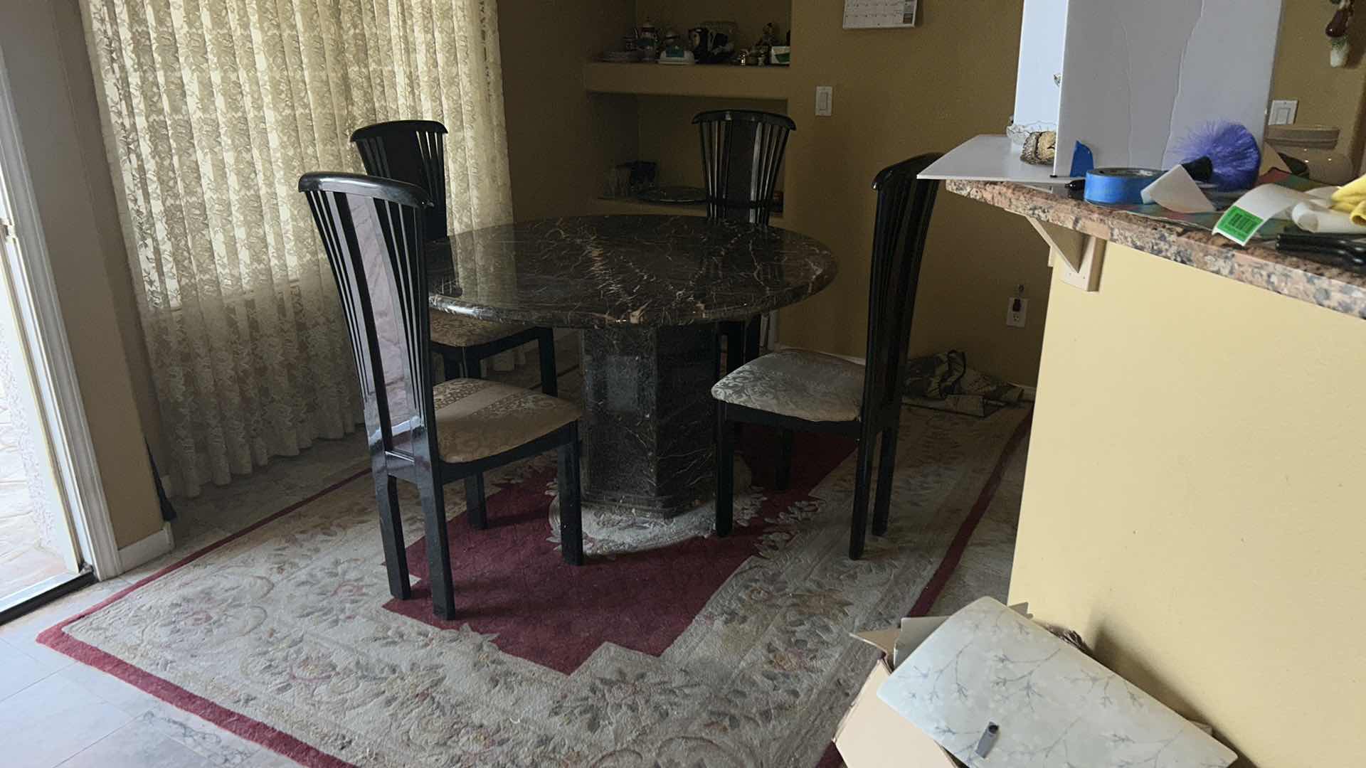 Photo 1 of HEAVY MARBLE  PEDESTAL TABLE W 4 ART DECO LACQUER CHAIRS FROM ITALY (SEE NOTES) 51” ROUND