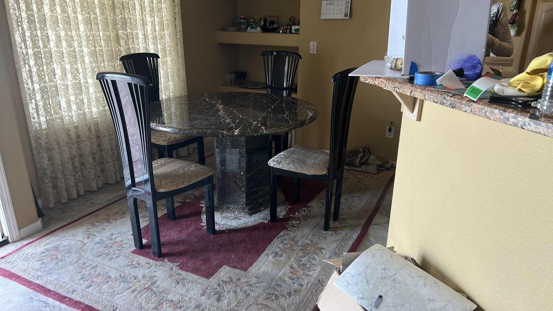 Photo 1 of HEAVY MARBLE  PEDESTAL TABLE W 4 ART DECO LACQUER CHAIRS FROM ITALY (SEE NOTES) 51” ROUND