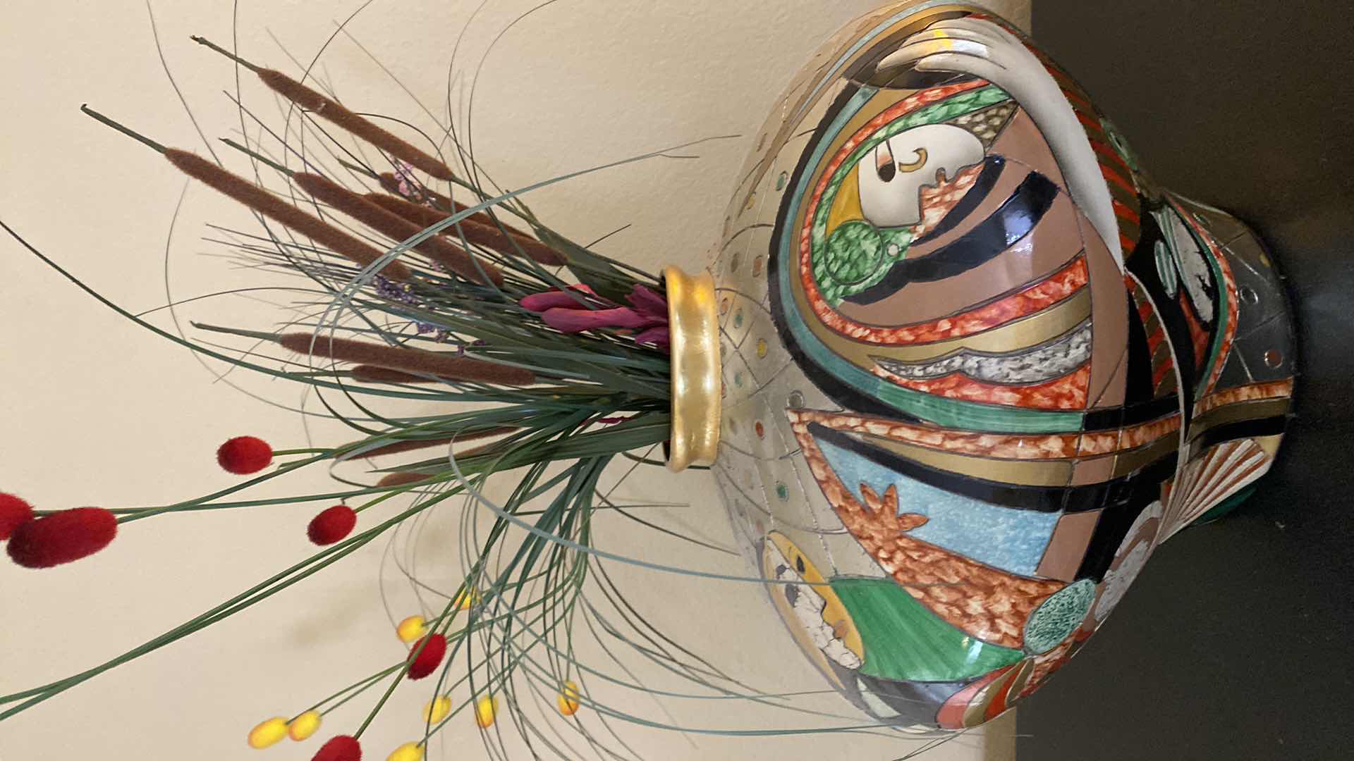 Photo 1 of ART DECO PICASSOESQUE CUBIST STYLE VASE H14” WITH FLOWERS