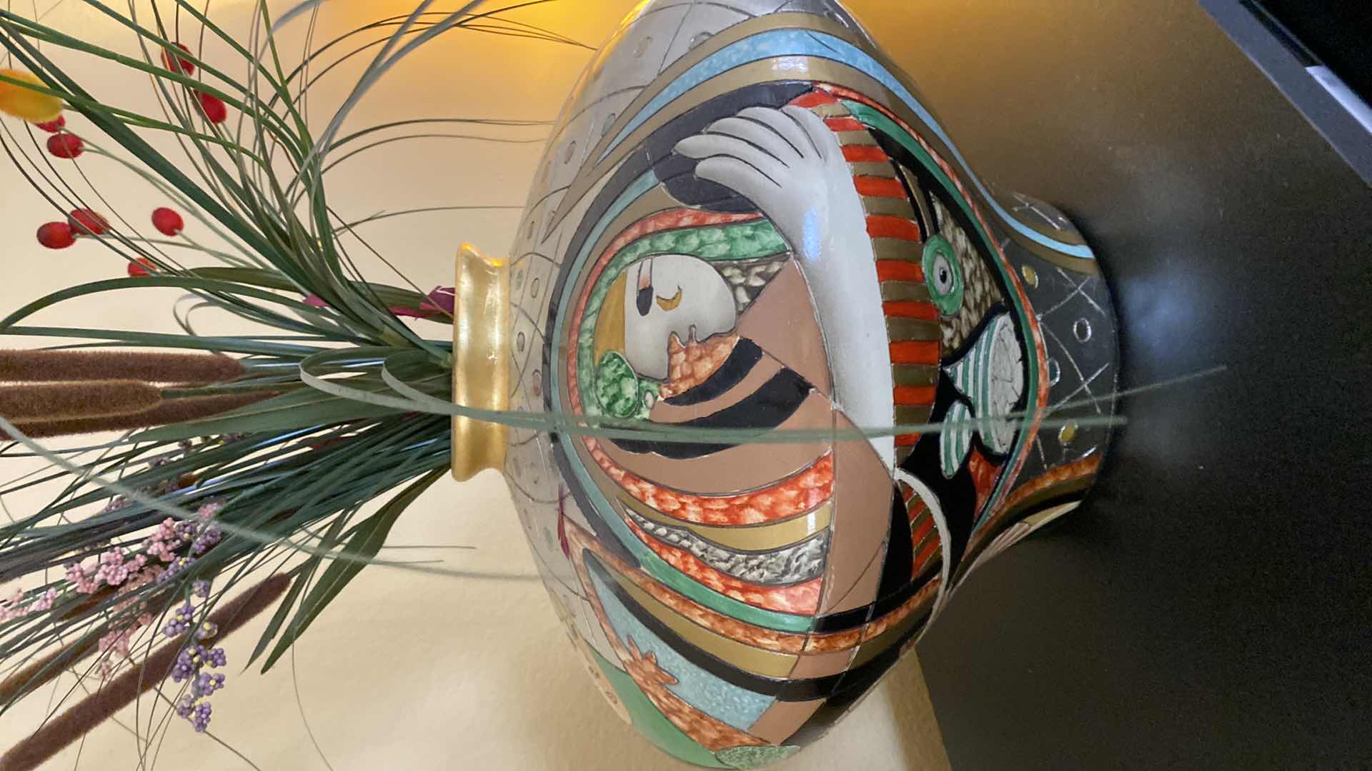 Photo 1 of ART DECO PICASSOESQUE CUBIST STYLE VASE H14” WITH FLOWERS