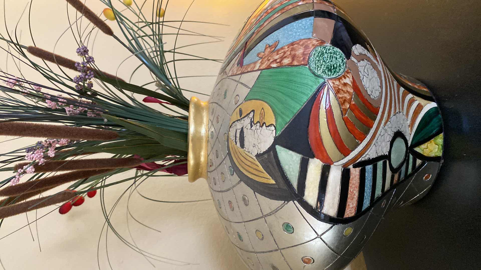 Photo 1 of ART DECO PICASSOESQUE CUBIST STYLE VASE H14” WITH FLOWERS