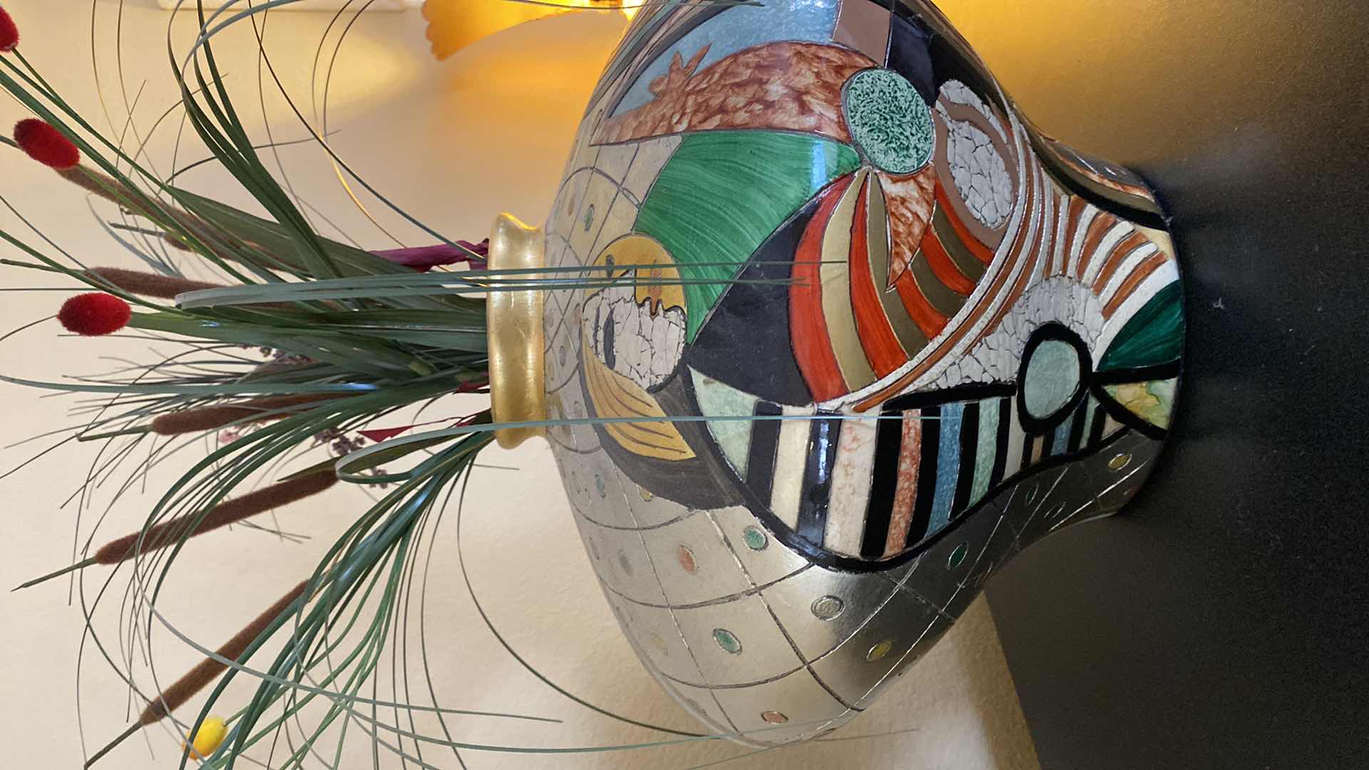 Photo 1 of ART DECO PICASSOESQUE CUBIST STYLE VASE H14” WITH FLOWERS