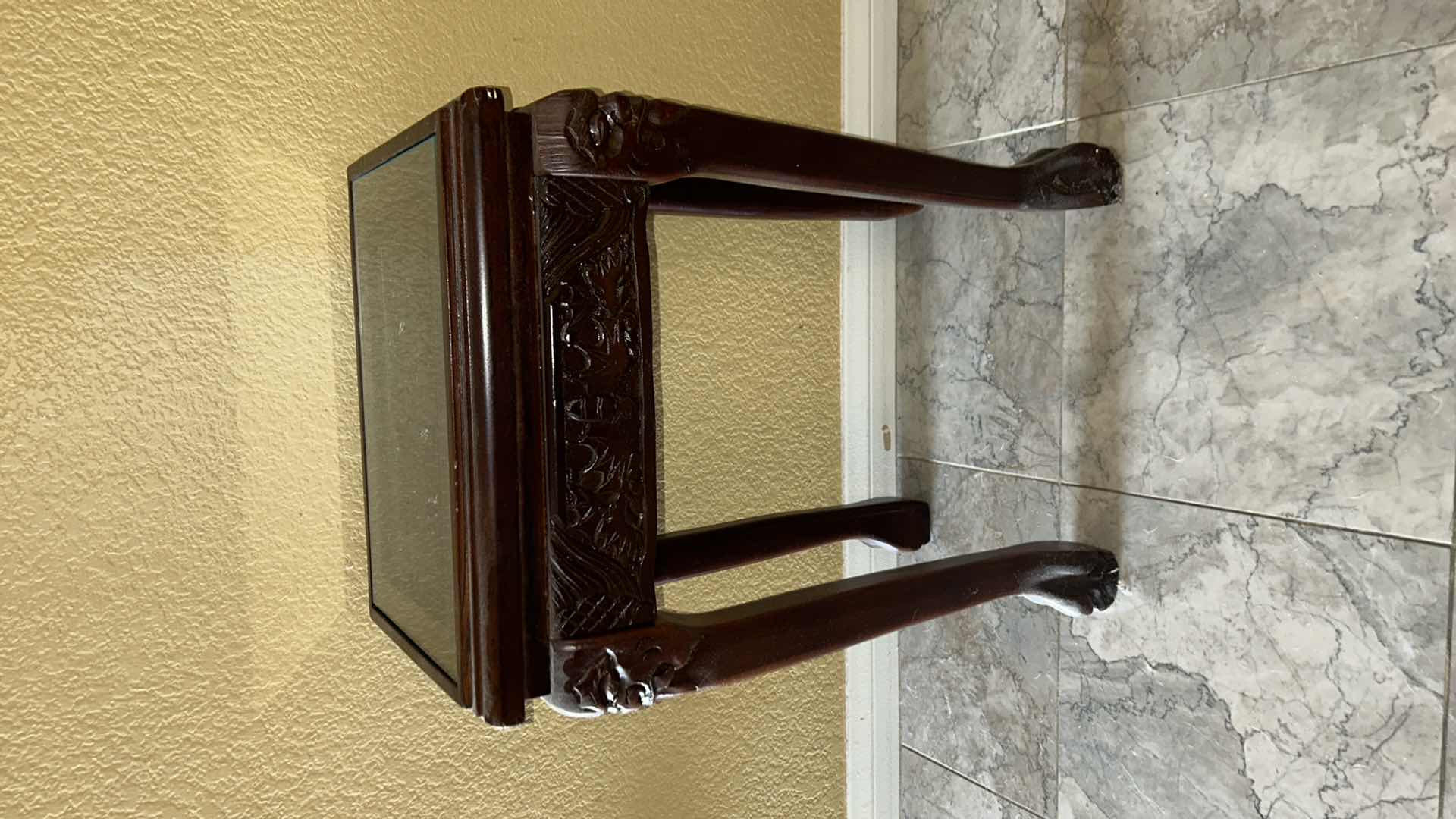 Photo 1 of CARVED WOOD TABLE WITH GLASS TOP, 14 x 10.5 x H21.5