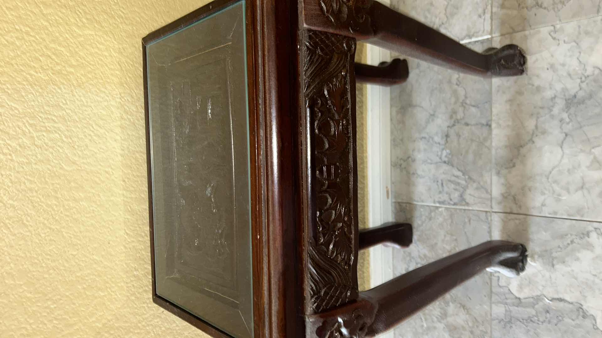 Photo 1 of CARVED WOOD TABLE WITH GLASS TOP, 14 x 10.5 x H21.5