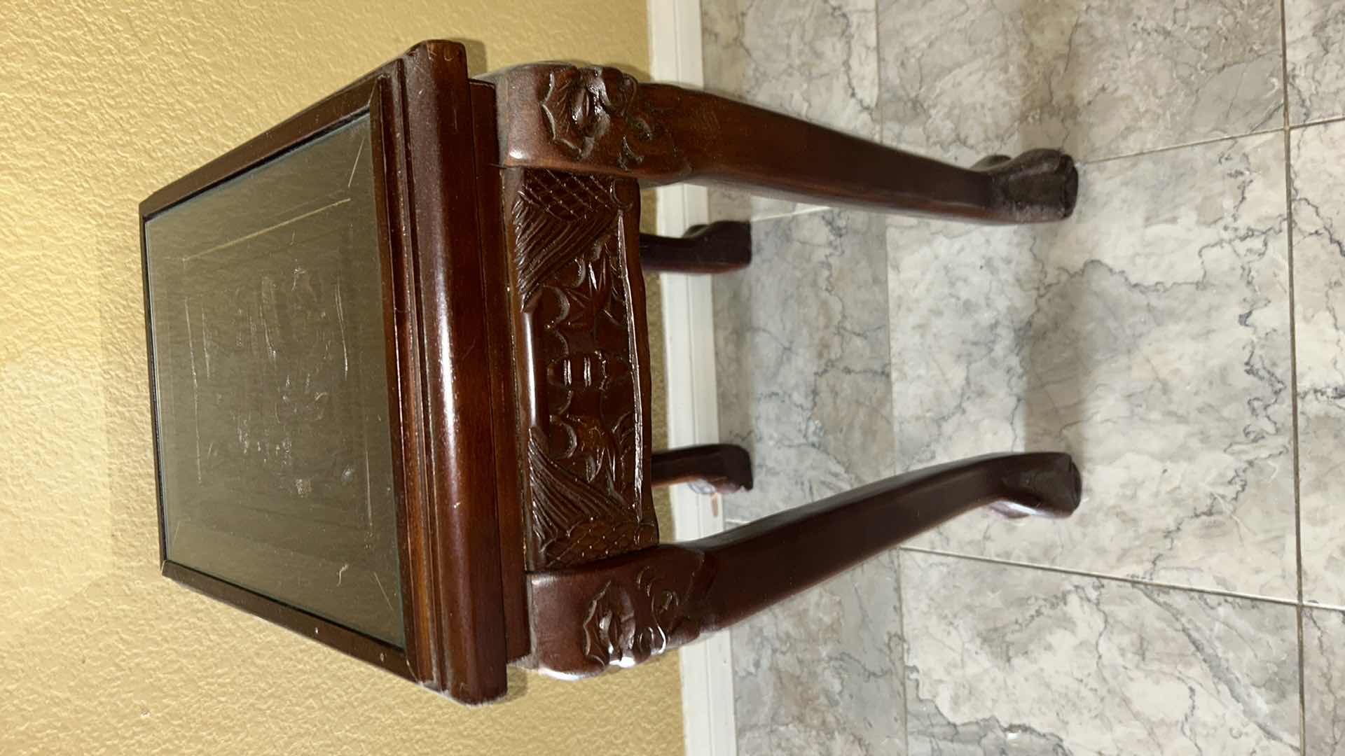 Photo 1 of CARVED WOOD TABLE WITH GLASS TOP, 14 x 10.5 x H21.5