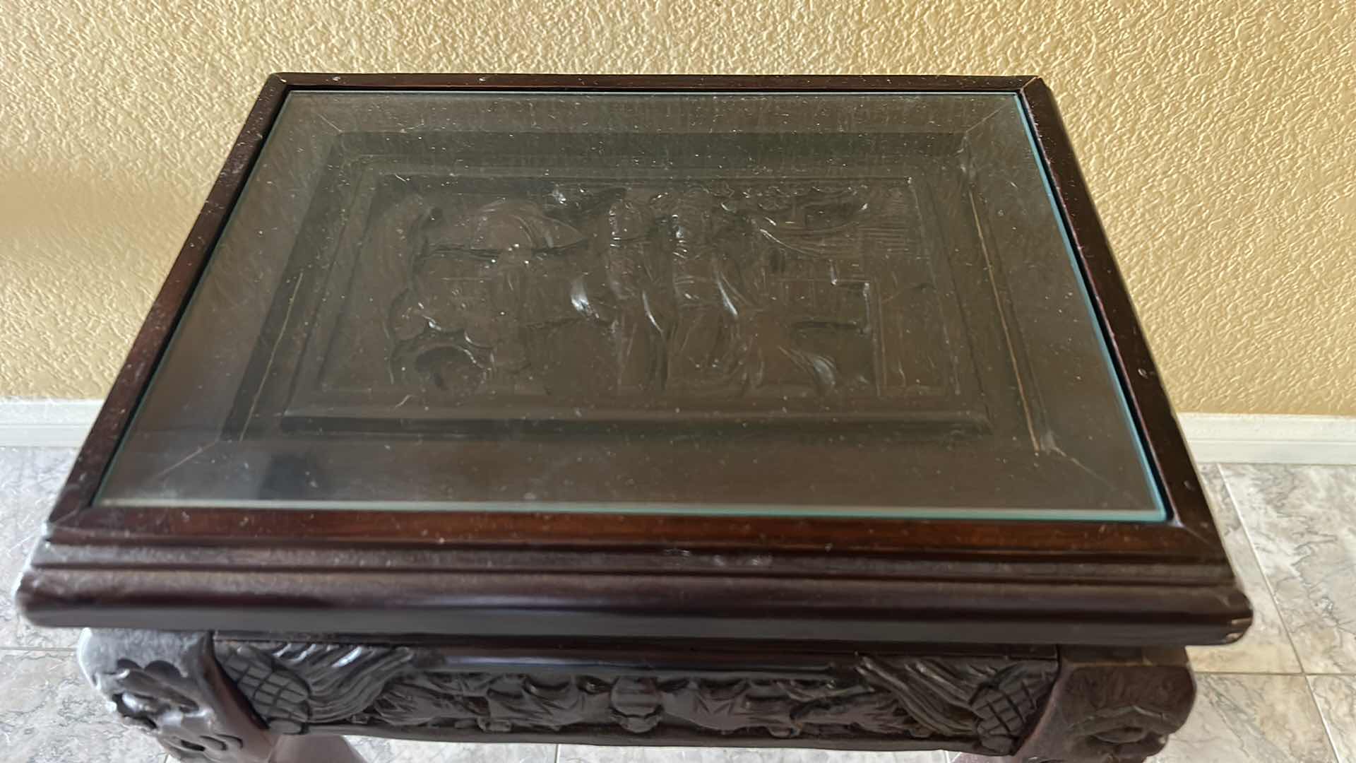 Photo 1 of CARVED WOOD TABLE WITH GLASS TOP, 14 x 10.5 x H21.5