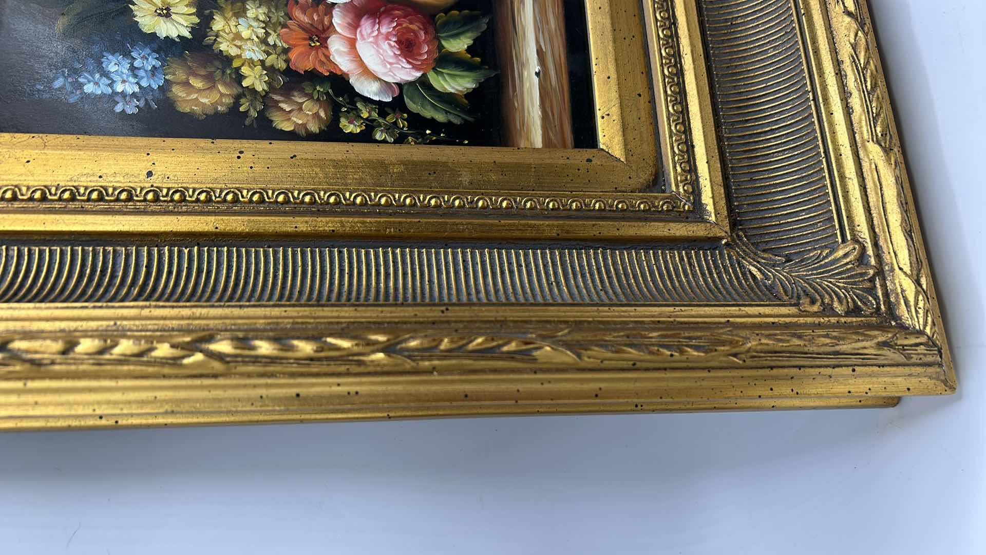 Photo 1 of ORNATE GOLD FRAMED ART WORK FLOWERS 16” x 18.5”