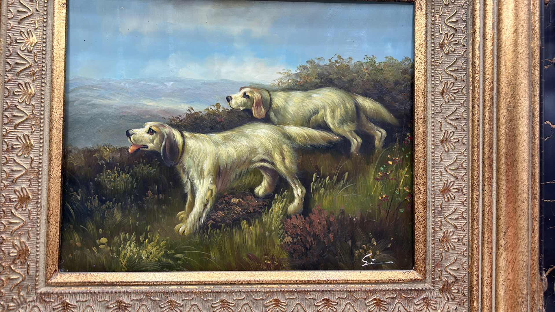 Photo 1 of ORNATE GOLD FRAMED ART WORK DOGS SIGNED PAINTING 22” x 20”