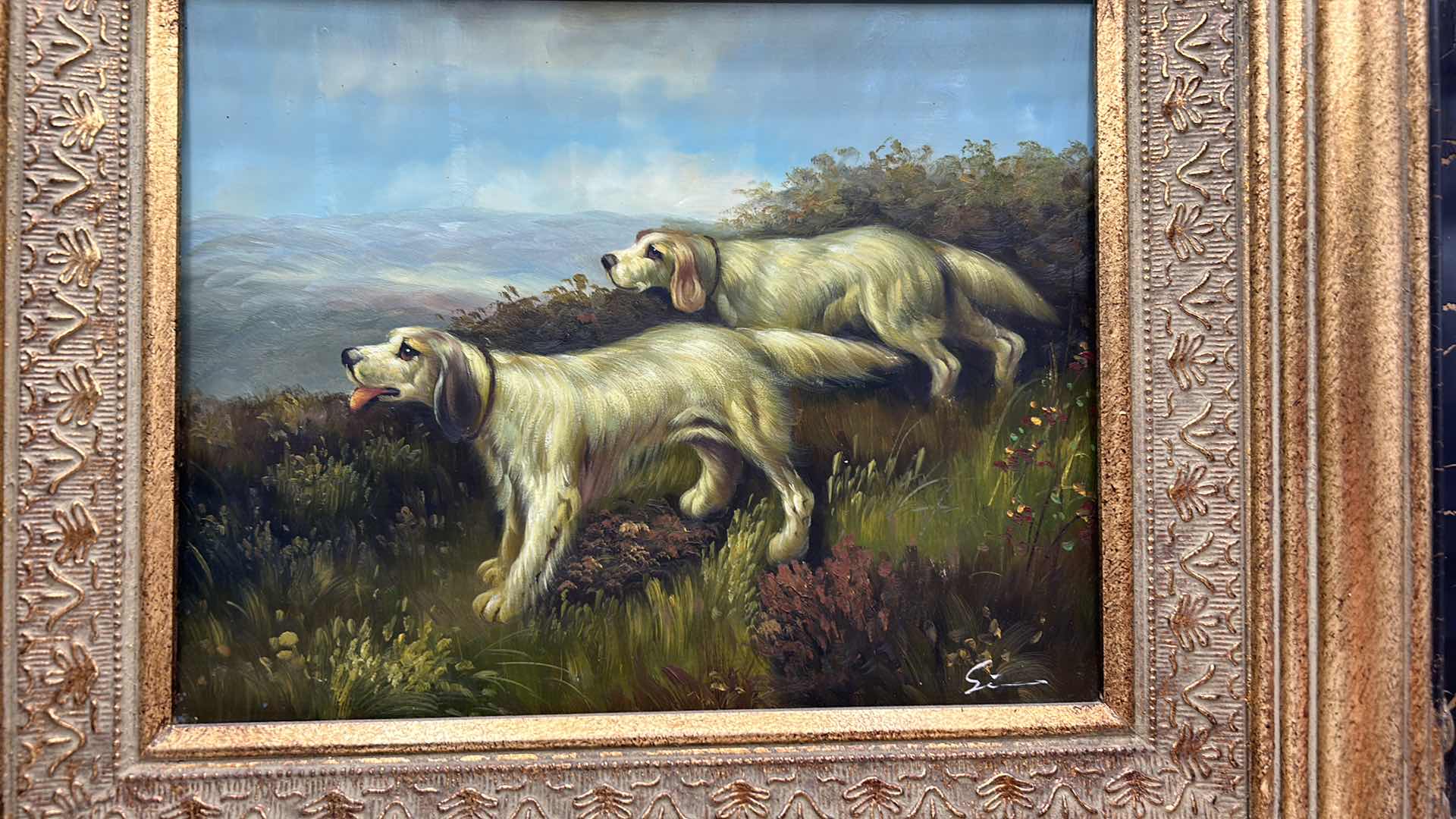 Photo 1 of ORNATE GOLD FRAMED ART WORK DOGS SIGNED PAINTING 22” x 20”