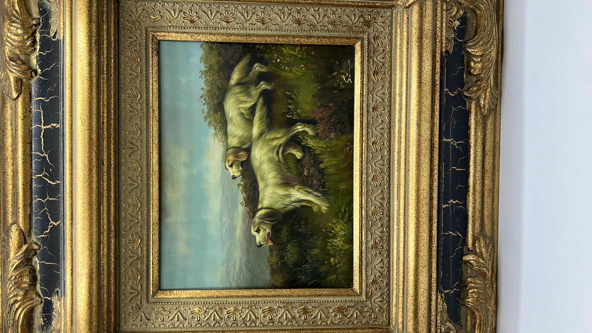 Photo 1 of ORNATE GOLD FRAMED ART WORK DOGS SIGNED PAINTING 22” x 20”