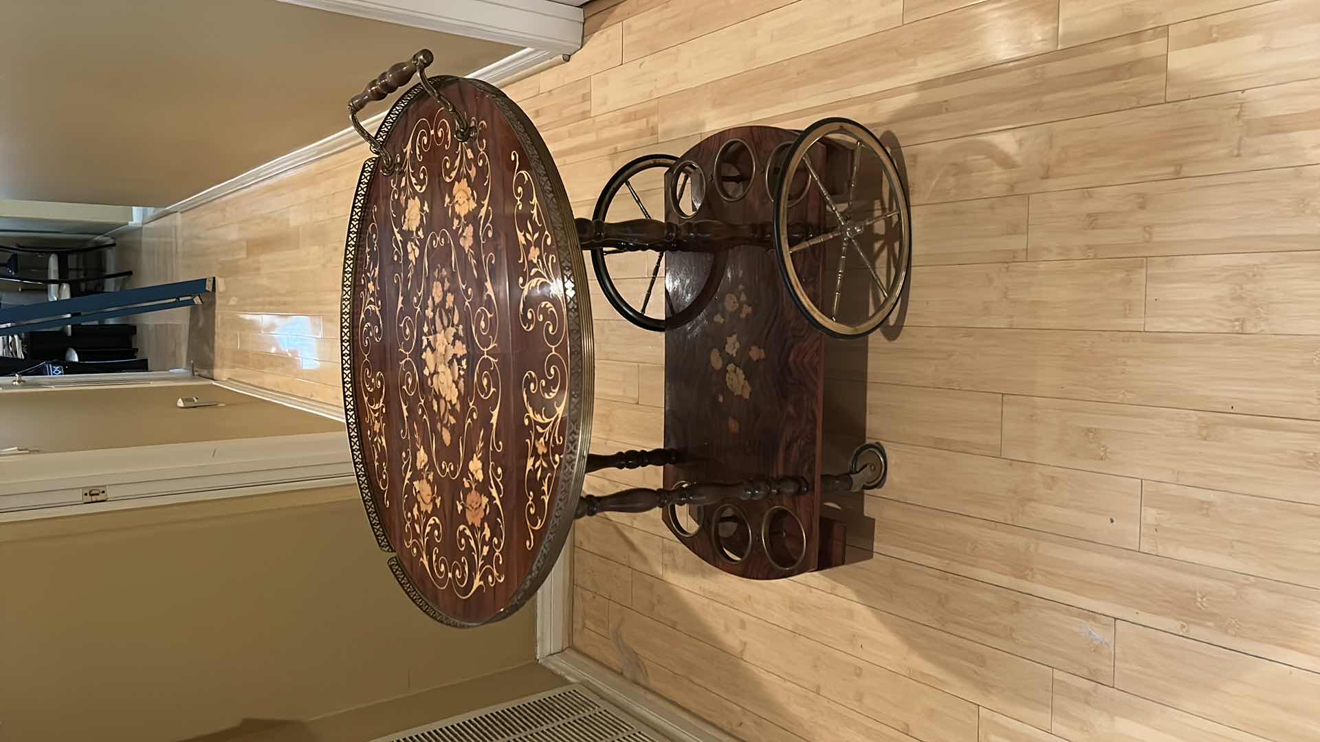 Photo 1 of VINTAGE ITALIAN SORRENTO WOOD DROP LEAF TABLE WITH INLAID COCKTAIL CART TABLE OPENED 30” ROUND CLOSED 30” x 17.5” x H27”
TABLETOP NEEDS GLUE)