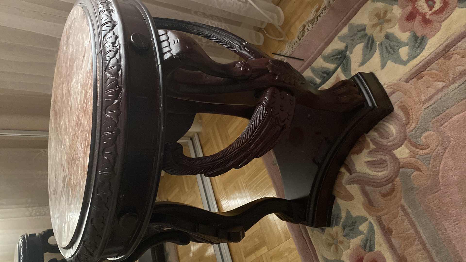 Photo 1 of ORNATE DARK WOOD END TABLE WITH RED MARBLE 21” X H28”