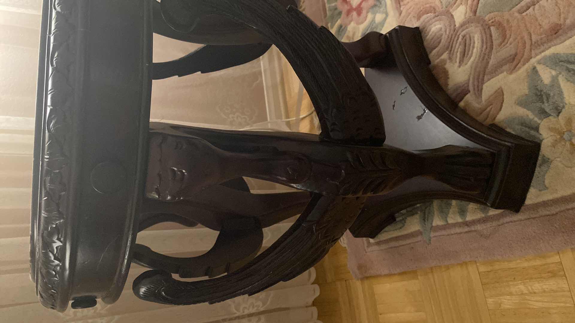 Photo 1 of ORNATE DARK WOOD END TABLE WITH RED MARBLE 21” X H28”