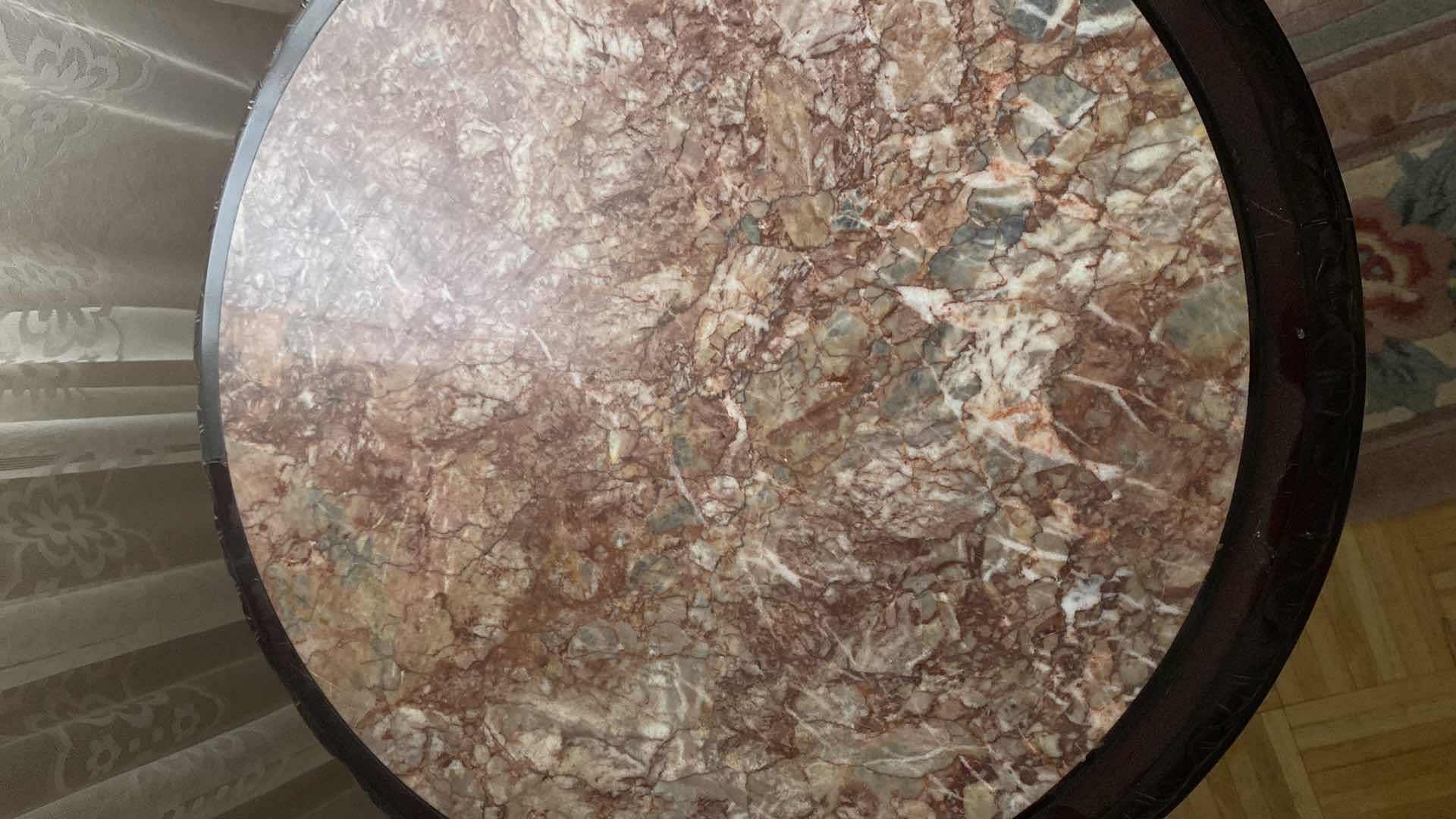 Photo 1 of ORNATE DARK WOOD END TABLE WITH RED MARBLE 21” X H28”