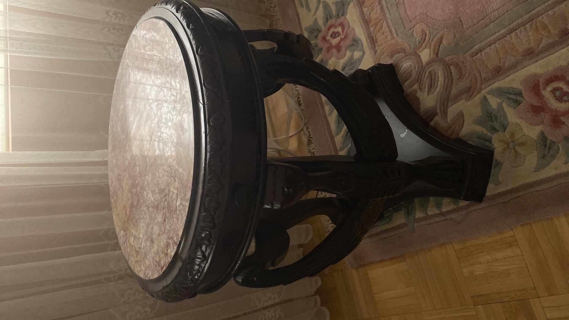 Photo 1 of ORNATE DARK WOOD END TABLE WITH RED MARBLE 21” X H28”