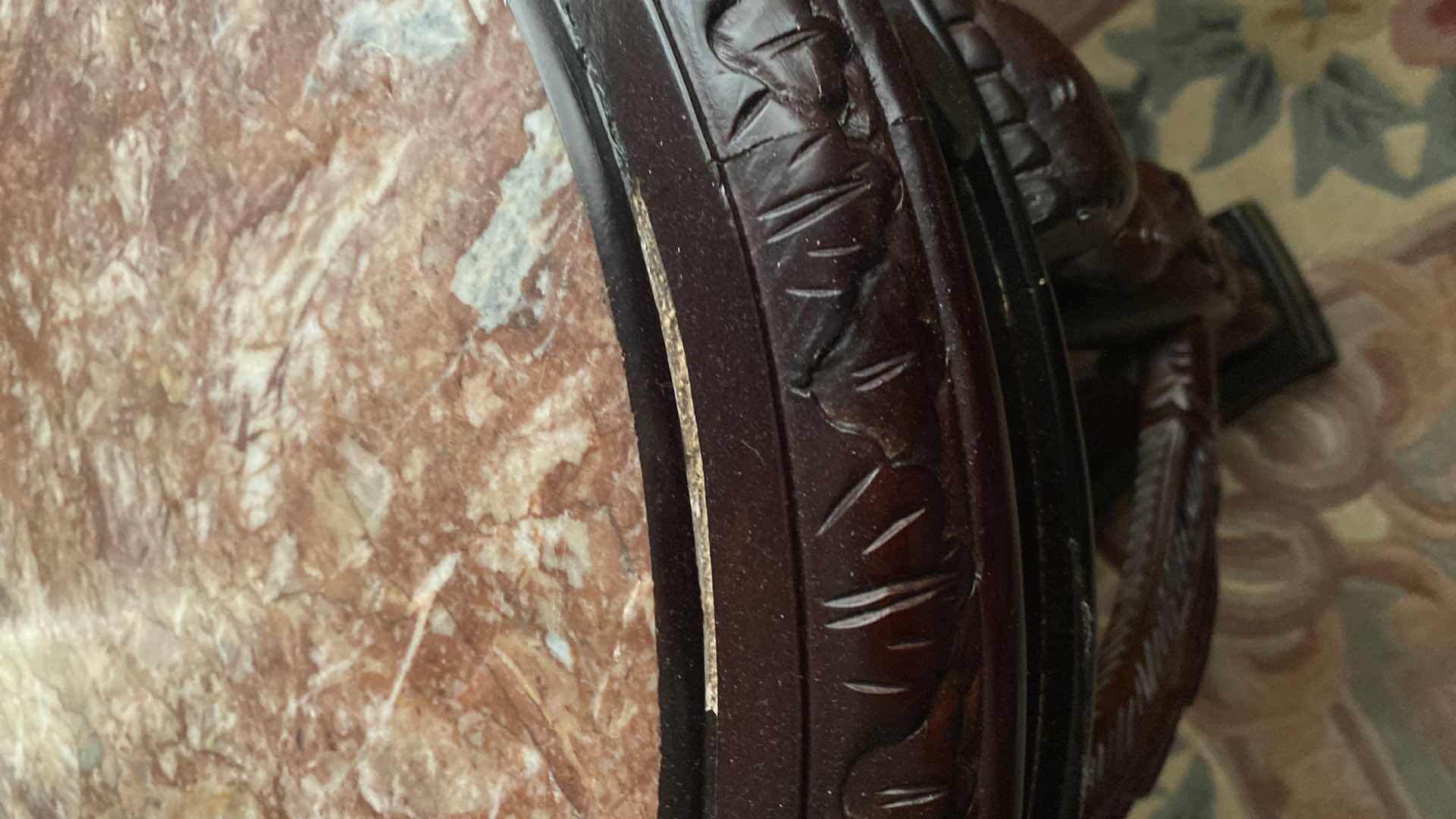 Photo 1 of ORNATE DARK WOOD END TABLE WITH RED MARBLE 21” X H28”