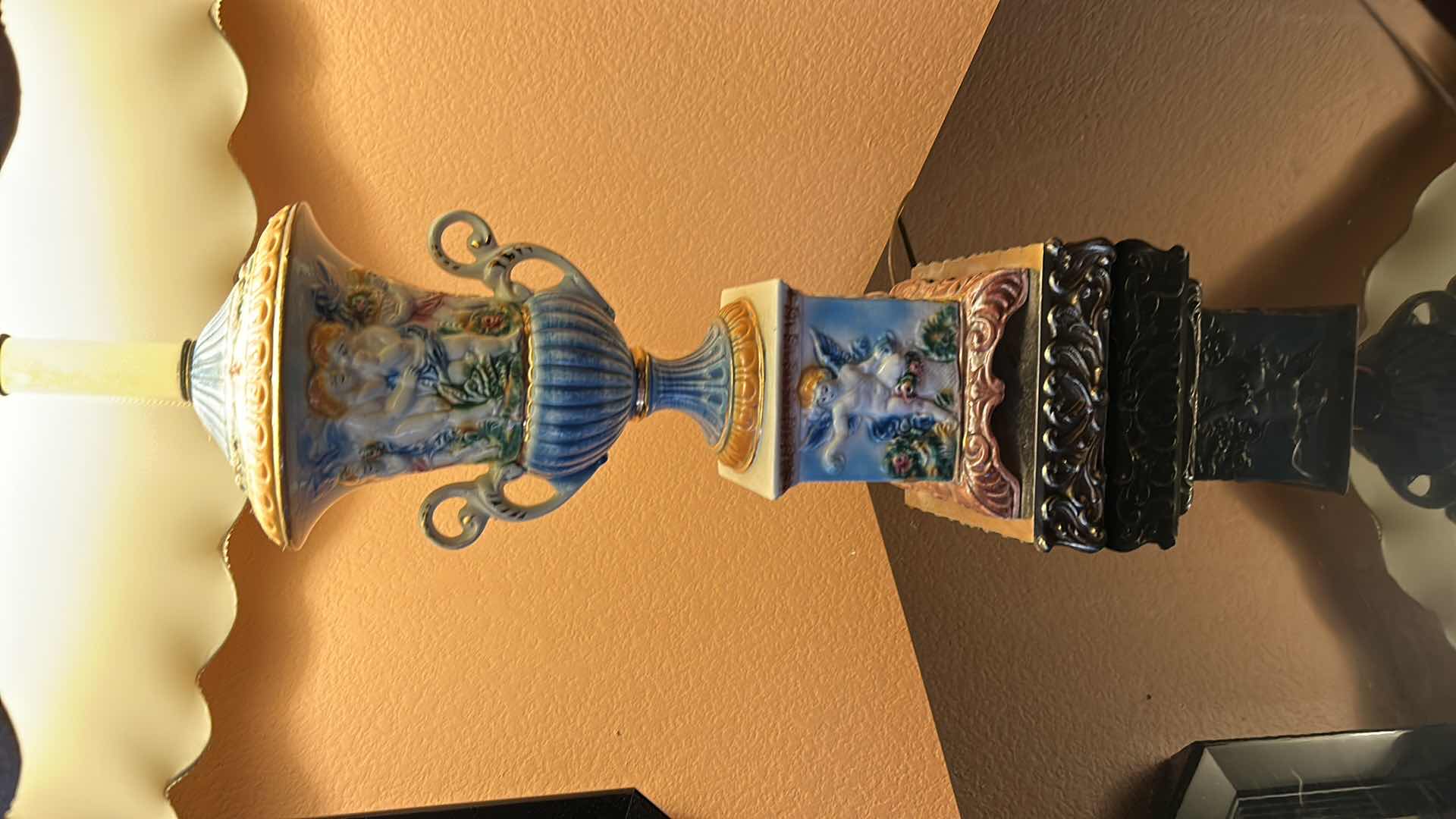 Photo 1 of VINTAGE VICTORIAN PORCELAIN LAMP W IVORY SHADE 34”