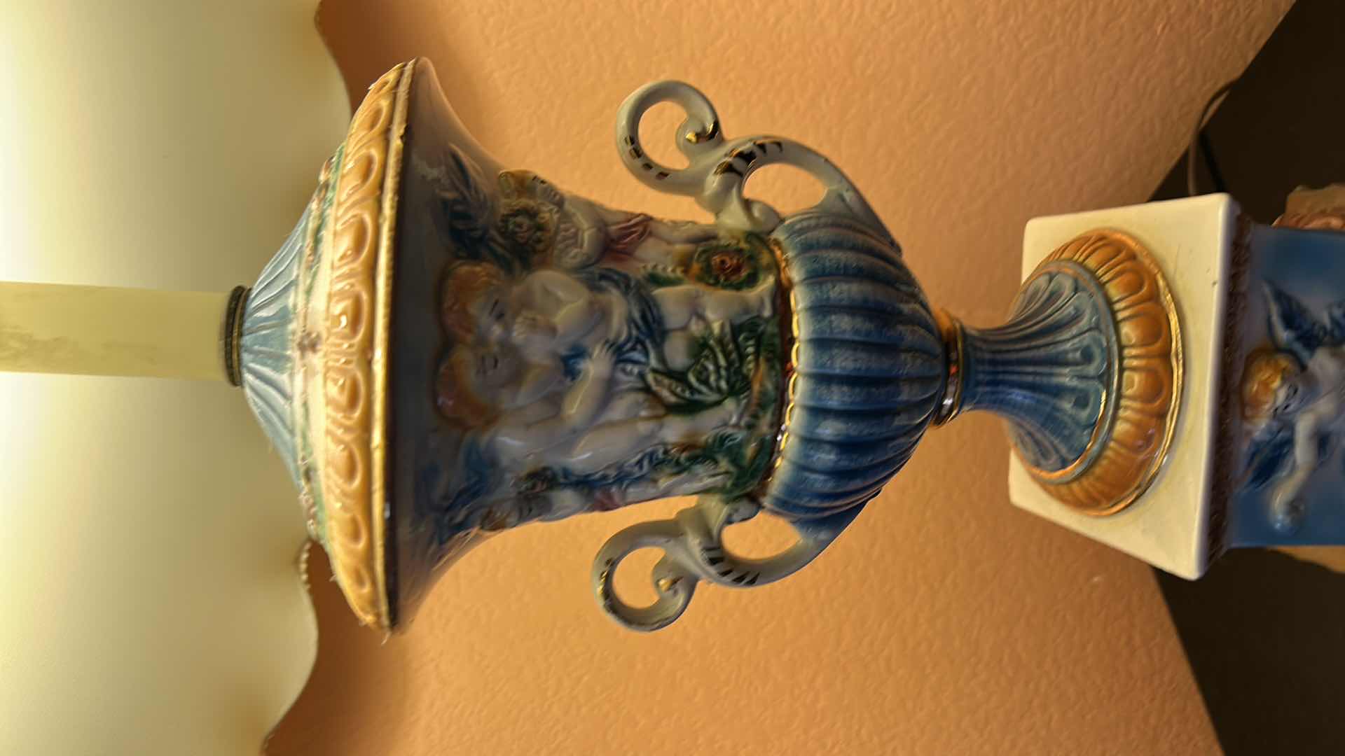 Photo 1 of VINTAGE VICTORIAN PORCELAIN LAMP W IVORY SHADE 34”