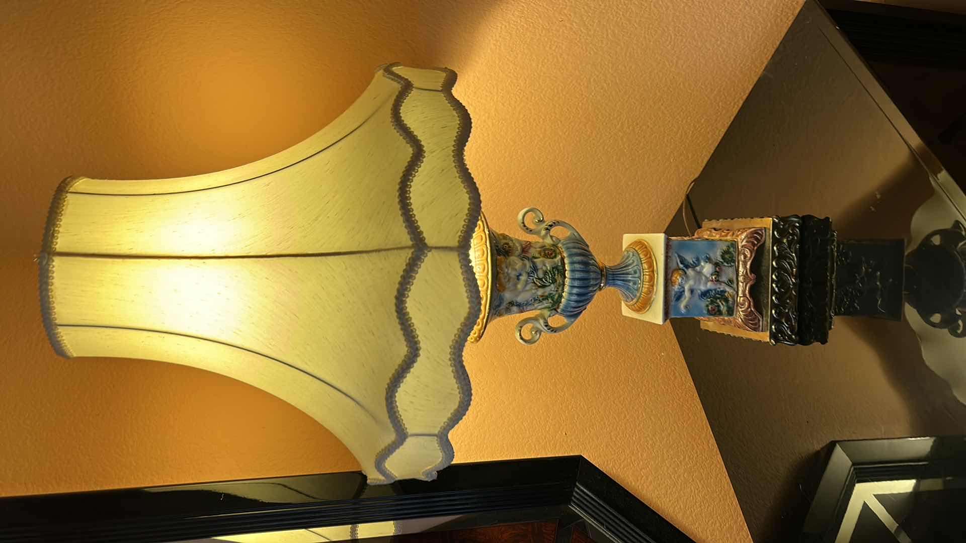 Photo 1 of VINTAGE VICTORIAN PORCELAIN LAMP W IVORY SHADE 34”