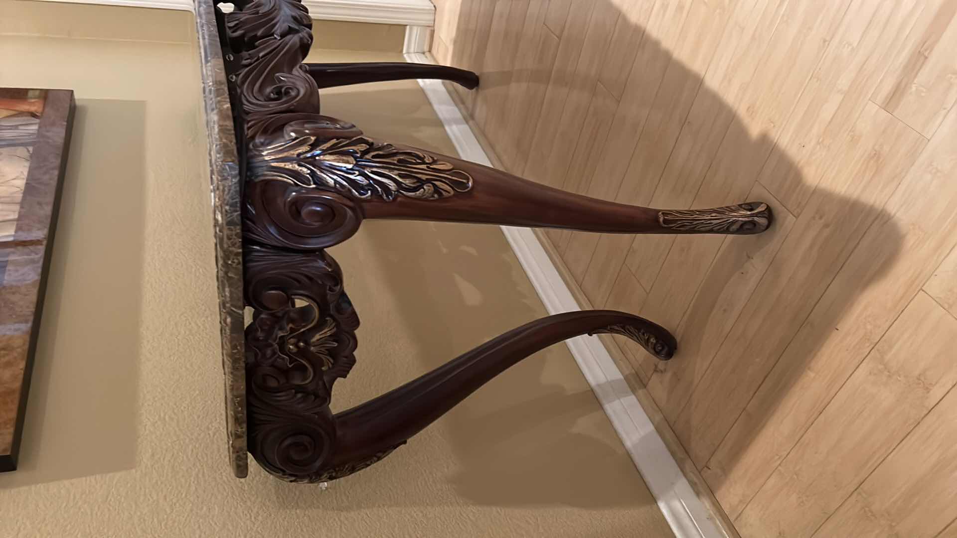 Photo 1 of WOOD CARVED MARBLE TOP ENTRY TABLE 50”x 22” x H30”