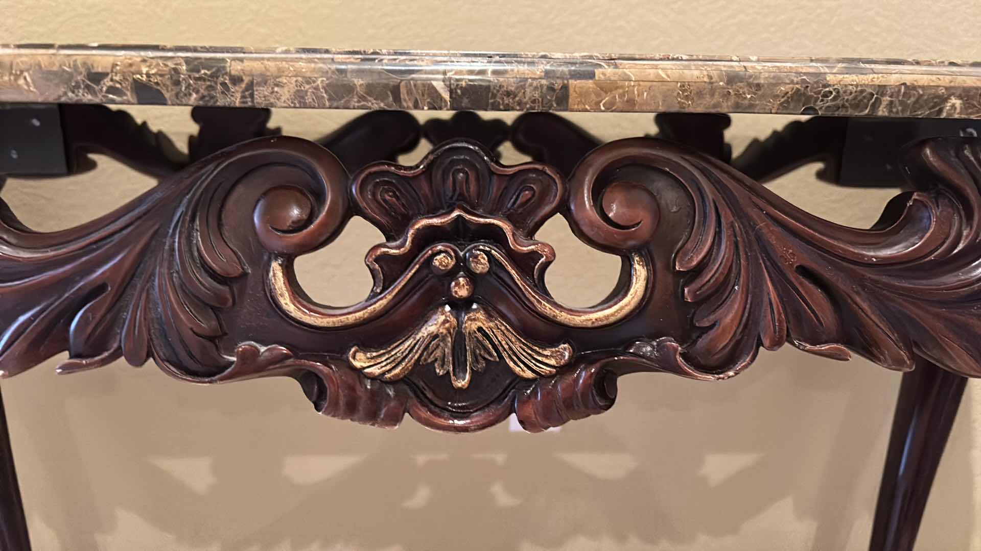 Photo 1 of WOOD CARVED MARBLE TOP ENTRY TABLE 50”x 22” x H30”