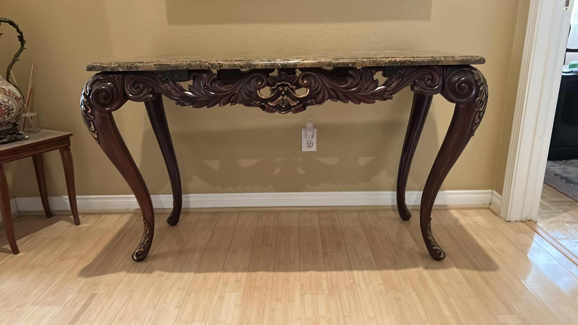 Photo 1 of WOOD CARVED MARBLE TOP ENTRY TABLE 50”x 22” x H30”