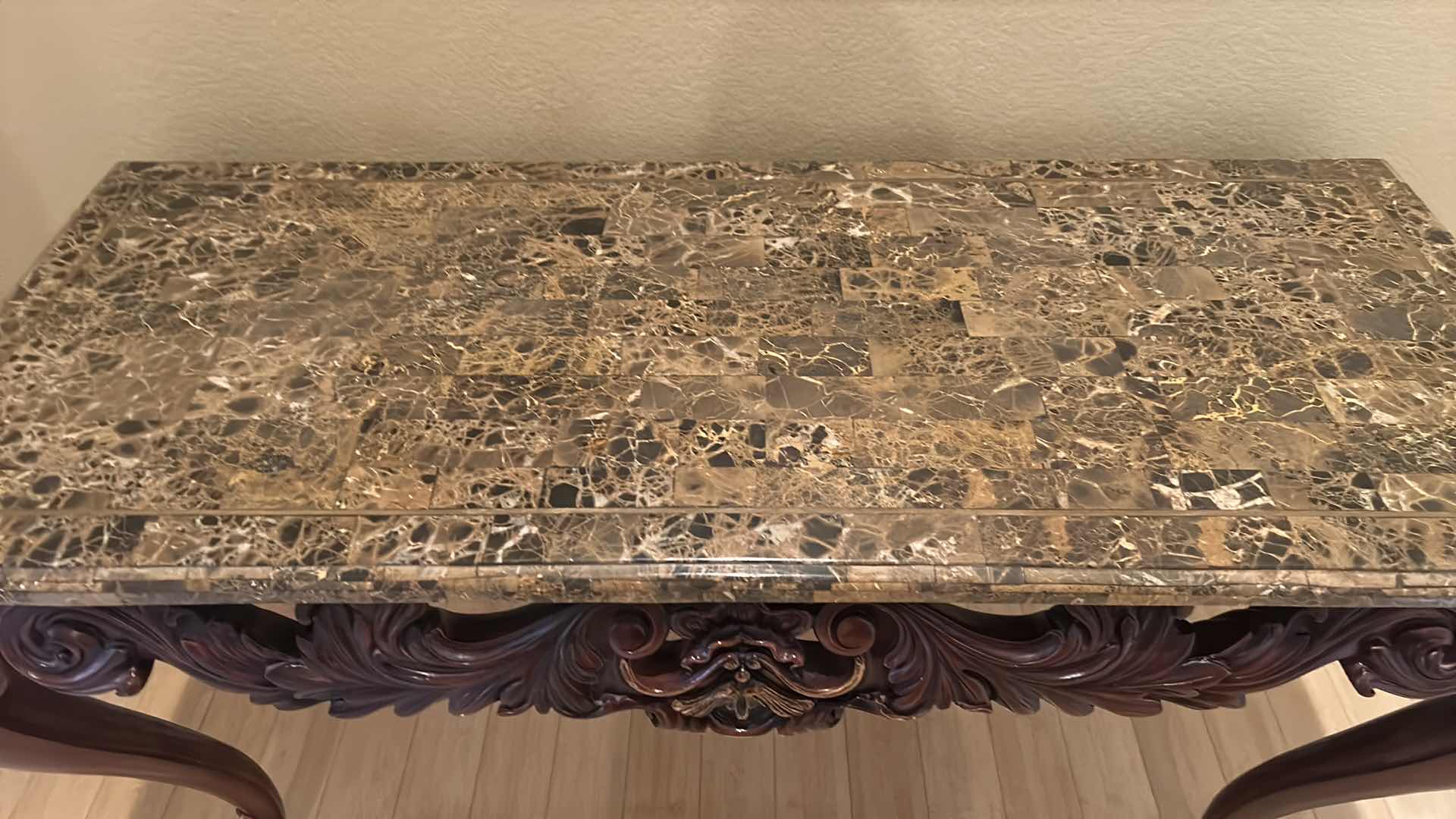 Photo 1 of WOOD CARVED MARBLE TOP ENTRY TABLE 50”x 22” x H30”