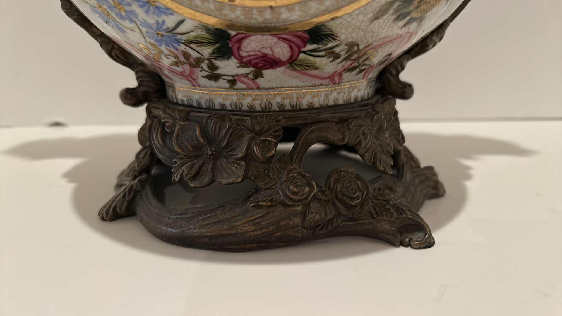 Photo 1 of ORNATE PORCELAIN VASE WITH SCULPTURED METAL BASE AND ACCENTS
