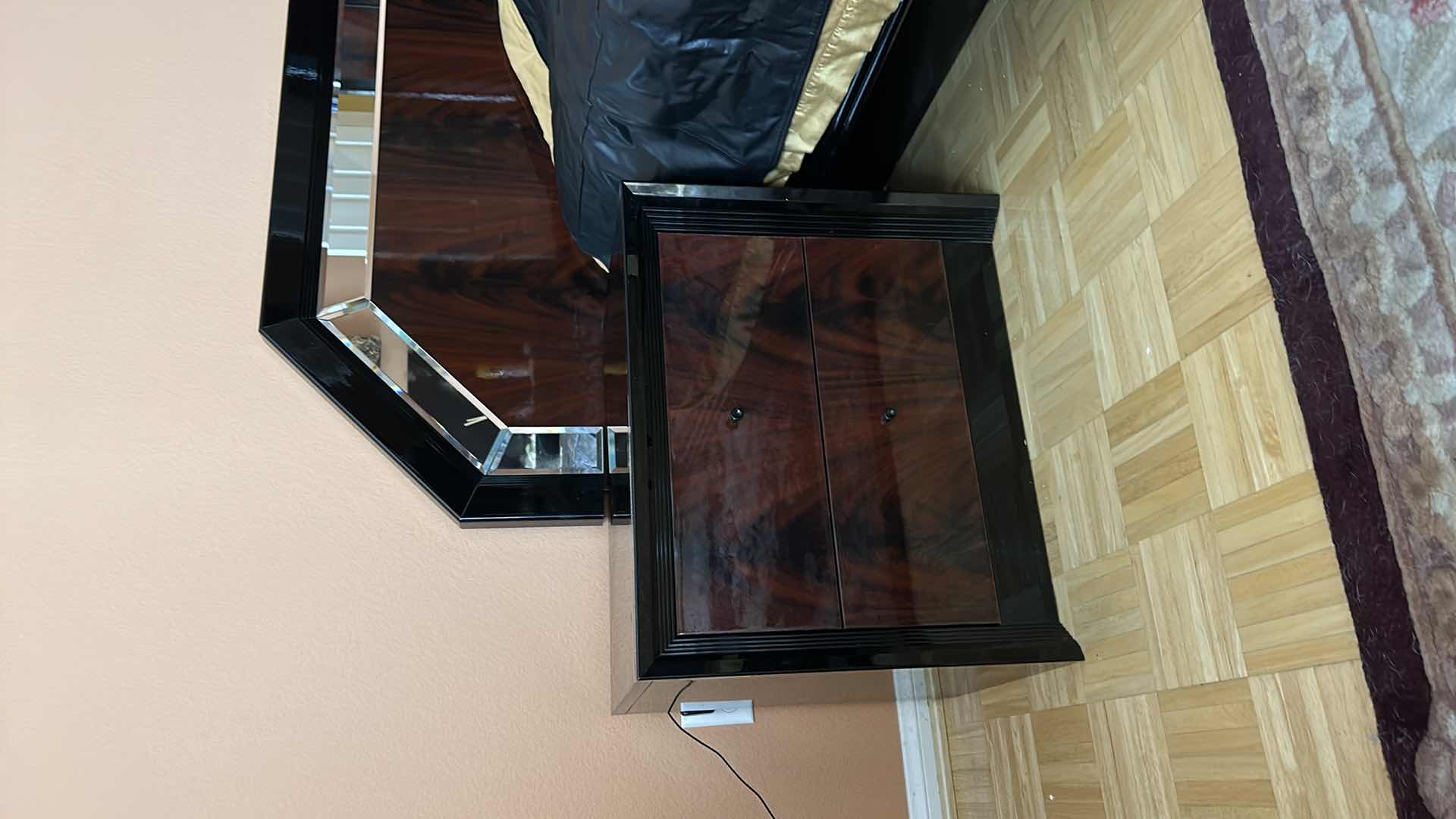 Photo 1 of ITALIAN 3 PIECE ART DECO BLACK WOOD LAQUER AND MIRRORED QUEEN BEDROOM SET, 2 NIGHTSTANDS AND HEADBOARD AND BED FRAME, NIGHTSTANDS 25” x 17” x H21” HEADBOARD 94” x H41.5”