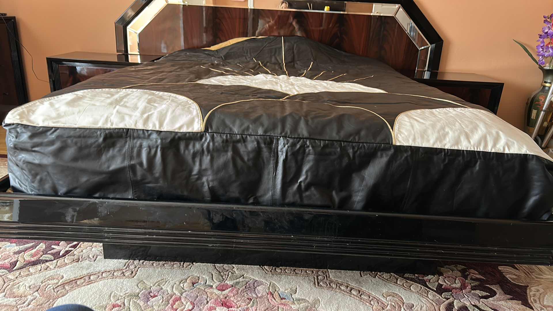 Photo 1 of ITALIAN 3 PIECE ART DECO BLACK WOOD LAQUER AND MIRRORED QUEEN BEDROOM SET, 2 NIGHTSTANDS AND HEADBOARD AND BED FRAME, NIGHTSTANDS 25” x 17” x H21” HEADBOARD 94” x H41.5”