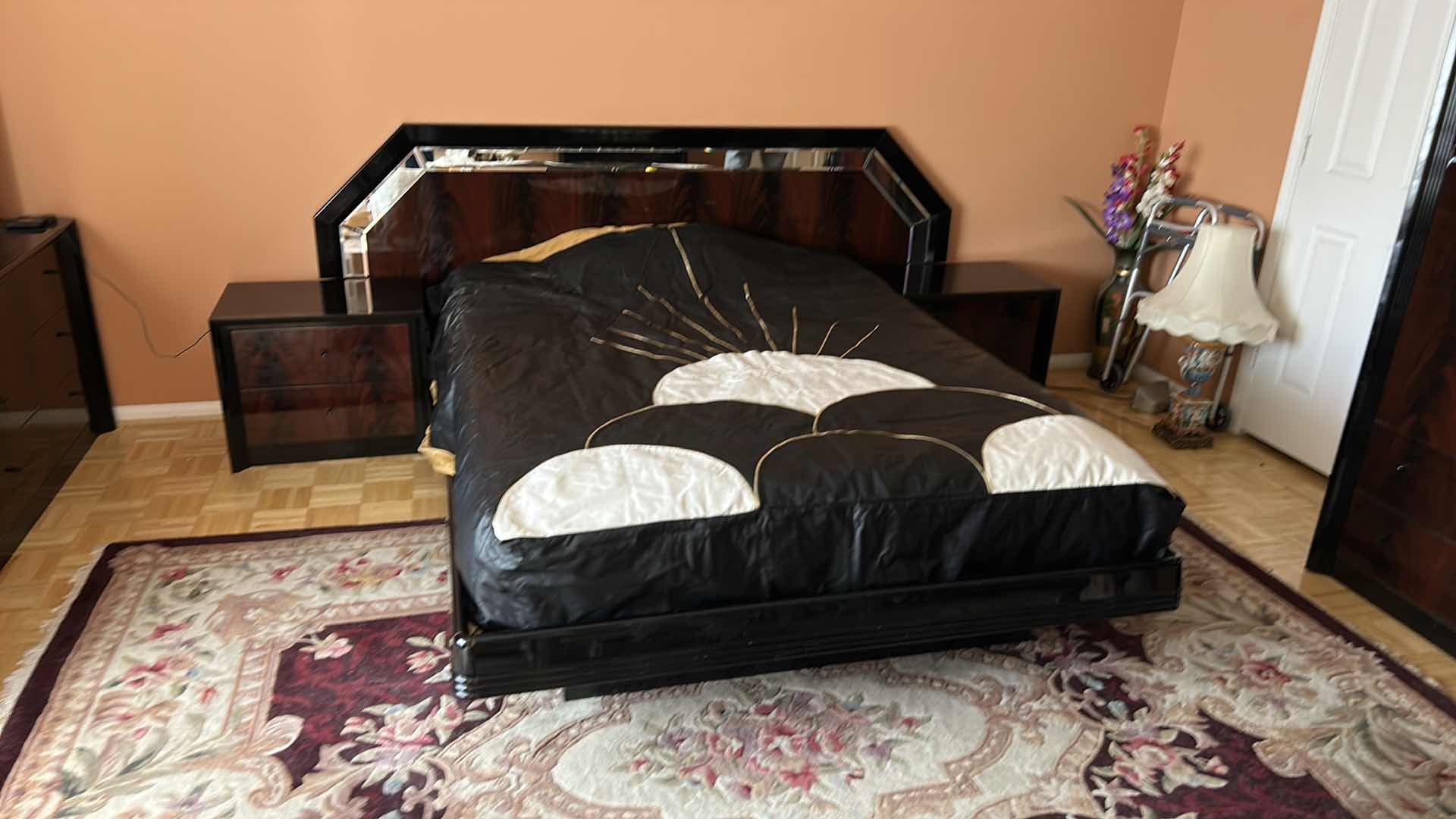 Photo 1 of ITALIAN 3 PIECE ART DECO BLACK WOOD LAQUER AND MIRRORED QUEEN BEDROOM SET, 2 NIGHTSTANDS AND HEADBOARD AND BED FRAME, NIGHTSTANDS 25” x 17” x H21” HEADBOARD 94” x H41.5”
