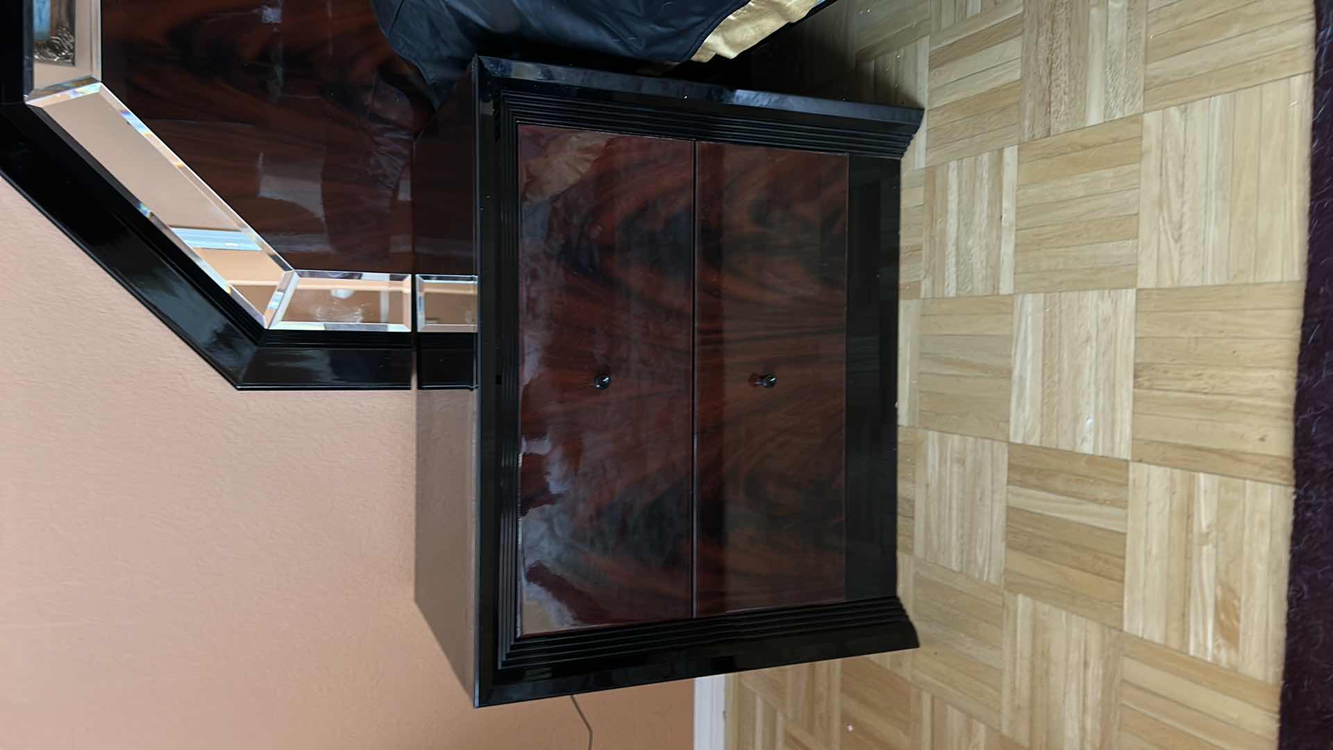 Photo 1 of ITALIAN 3 PIECE ART DECO BLACK WOOD LAQUER AND MIRRORED QUEEN BEDROOM SET, 2 NIGHTSTANDS AND HEADBOARD AND BED FRAME, NIGHTSTANDS 25” x 17” x H21” HEADBOARD 94” x H41.5”