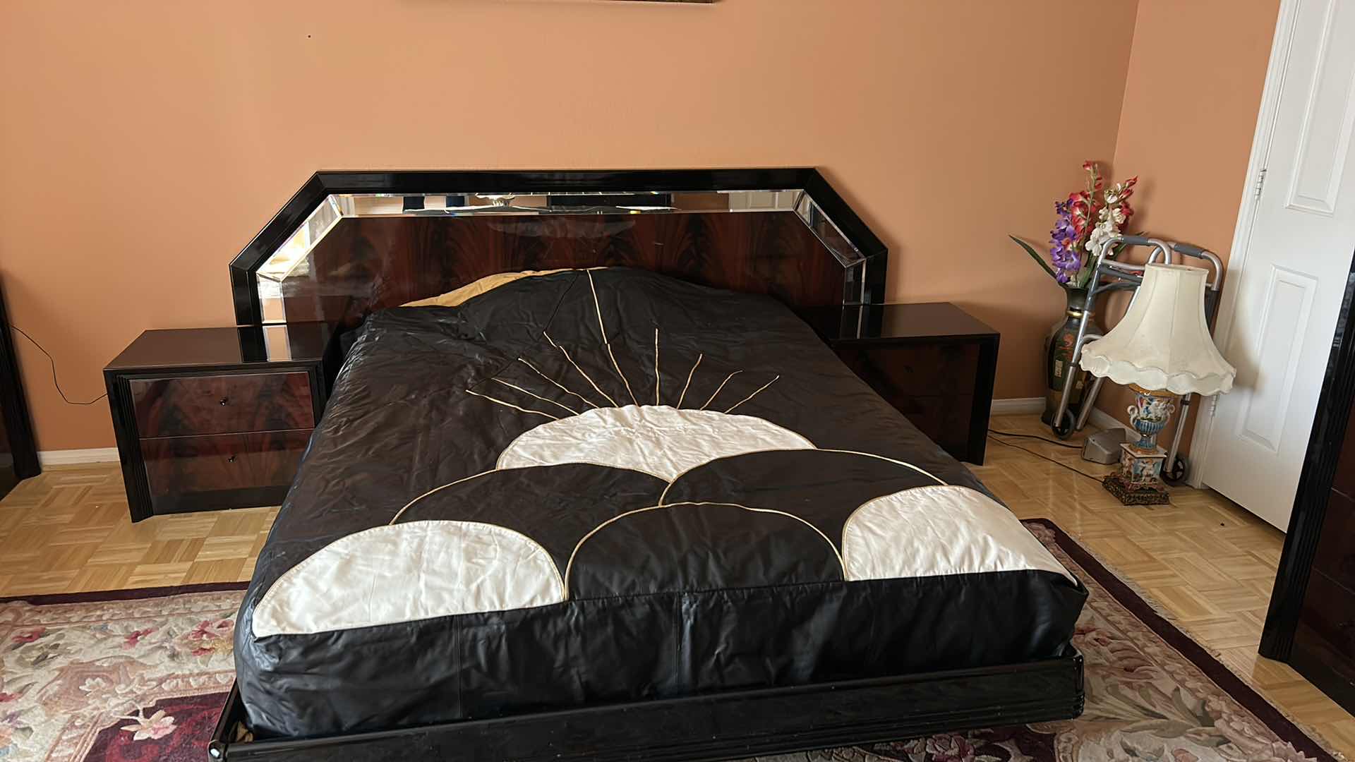 Photo 1 of ITALIAN 3 PIECE ART DECO BLACK WOOD LAQUER AND MIRRORED QUEEN BEDROOM SET, 2 NIGHTSTANDS AND HEADBOARD AND BED FRAME, NIGHTSTANDS 25” x 17” x H21” HEADBOARD 94” x H41.5”