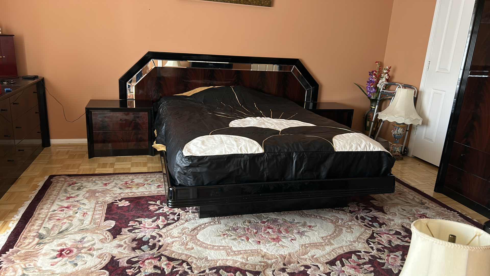 Photo 1 of ITALIAN 3 PIECE ART DECO BLACK WOOD LAQUER AND MIRRORED QUEEN BEDROOM SET, 2 NIGHTSTANDS AND HEADBOARD AND BED FRAME, NIGHTSTANDS 25” x 17” x H21” HEADBOARD 94” x H41.5”