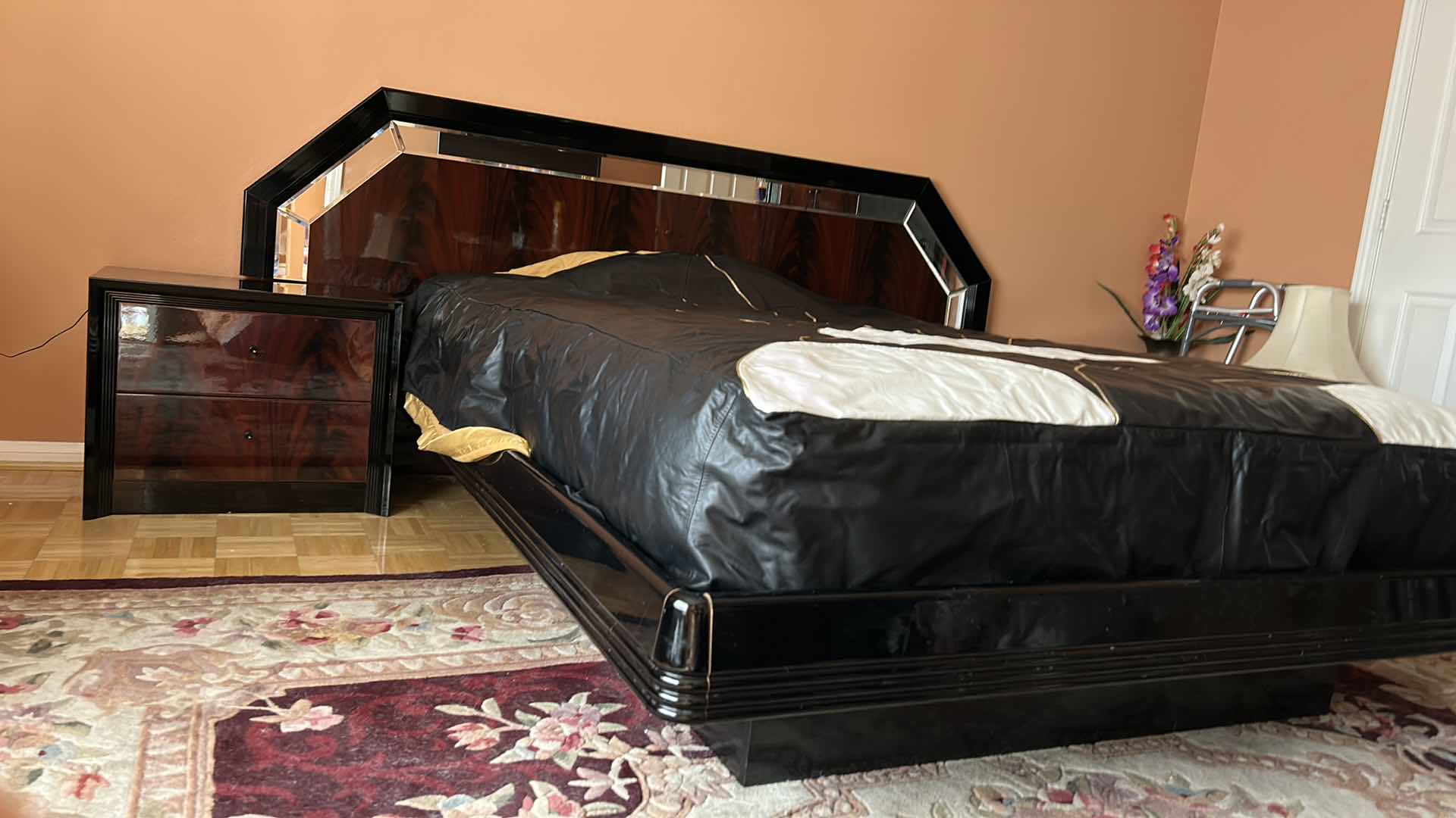 Photo 1 of ITALIAN 3 PIECE ART DECO BLACK WOOD LAQUER AND MIRRORED QUEEN BEDROOM SET, 2 NIGHTSTANDS AND HEADBOARD AND BED FRAME, NIGHTSTANDS 25” x 17” x H21” HEADBOARD 94” x H41.5”