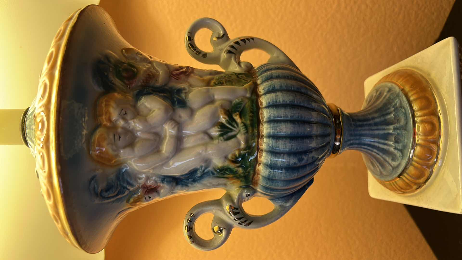 Photo 1 of VINTAGE VICTORIAN PORCELAIN LAMP W IVORY SHADE 34”