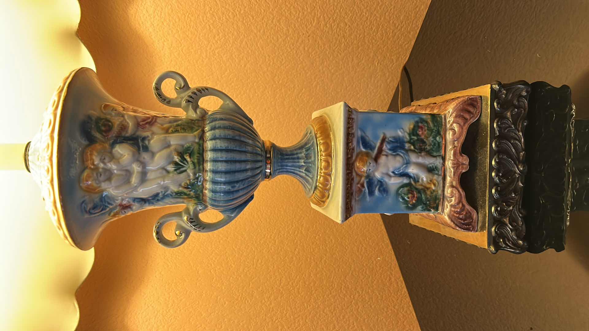 Photo 1 of VINTAGE VICTORIAN PORCELAIN LAMP W IVORY SHADE 34”